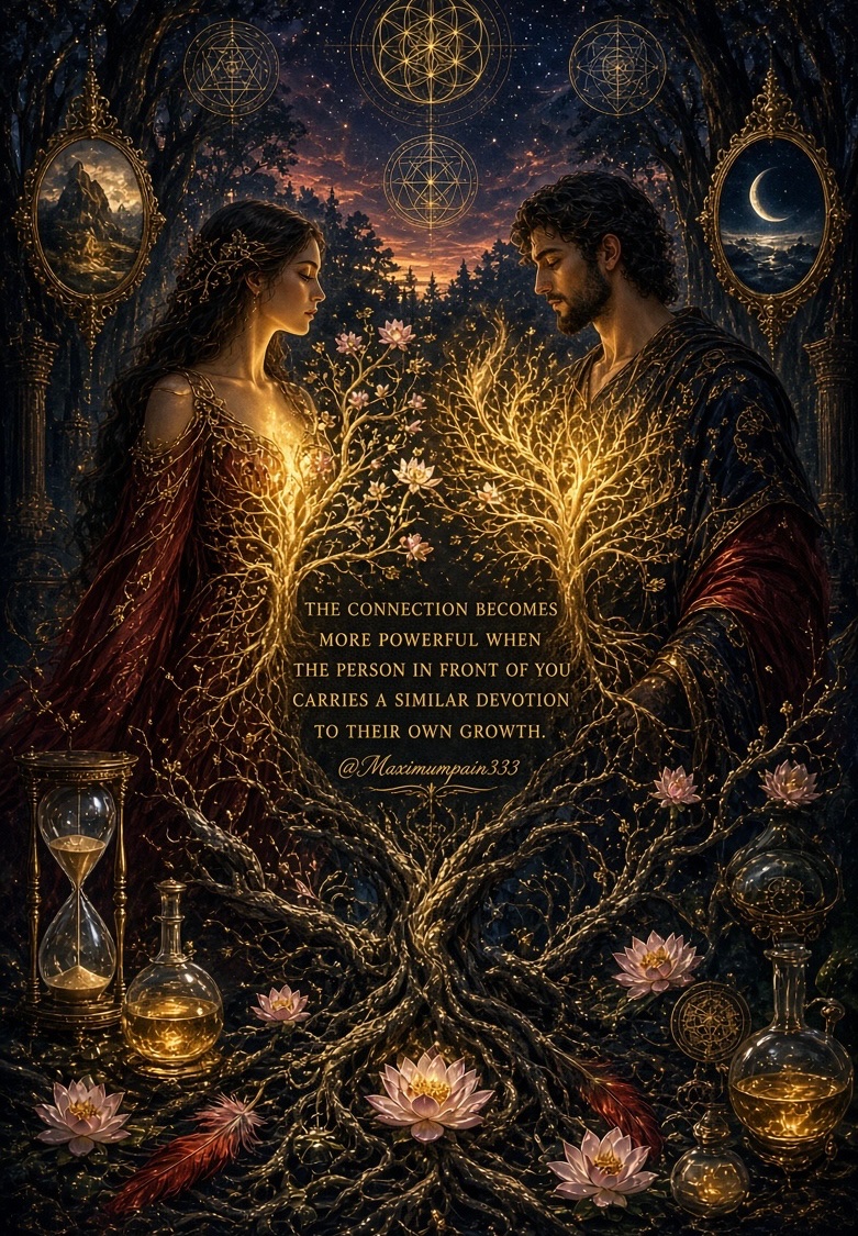 maximumpain333's tweet photo. THE CONNECTION BECOMES MORE POWERFUL WHEN THE PERSON IN FRONT OF YOU CARRIES A SIMILAR DEVOTION TO THEIR OWN GROWTH.

When two souls stand before one another not as unfinished fragments seeking completion, but as living temples devoted to their own unfolding, something ancient stirs in the space between them. The air thickens with recognition. The unseen current that has always existed grows denser, brighter, more deliberate.

This is not ordinary attraction. It is the meeting of two inner fires that have been tended in solitude. Each has already chosen the long work of transmutation—facing the shadow, dissolving the false self, returning again and again to the still point where the divine speaks. When such devotion meets its equal, the connection ceases to be personal and becomes initiatory.

The other becomes a living mirror that does not flatter, yet never condemns. In their presence the soul remembers its own vows. Growth accelerates because it is witnessed by one who understands the cost of awakening. What was once a solitary pilgrimage becomes a shared alchemy: two vessels of light refining one another in the dark.

In that sacred recognition the veil thins. Time loosens. The ordinary world recedes and the two stand, for a moment, in the eternal now—where every word, every silence, every glance is charged with the power of becoming.

This is the rarest of unions: not two halves making a whole, but two wholes choosing to walk the same sacred fire.