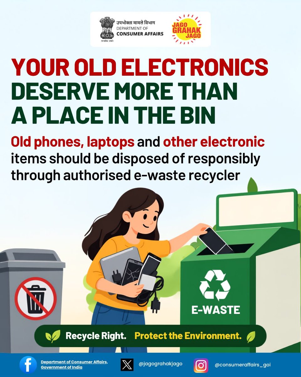 jagograhakjago's tweet photo. Don’t let your old gadgets become a burden on the environment. ♻️ Choose responsible e-waste disposal and hand over discarded electronics to authorised e-waste recyclers. 

Recycle right, protect the planet. 🌱

#EWaste #EWasteManagement #RecycleRight #SwachhataHiSeva #SwachhBharat  #SustainableLiving #AwareConsumer #JagoGrahakJago