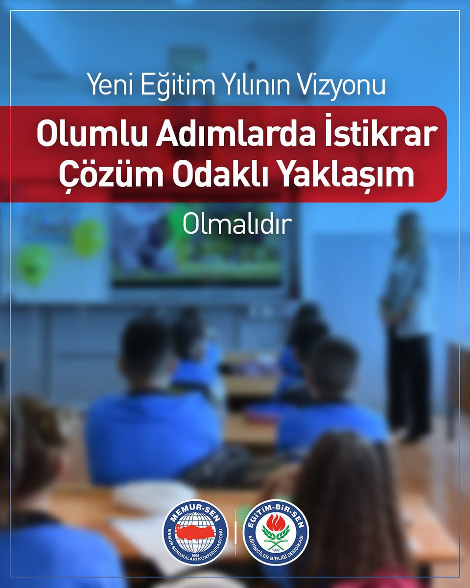 _aliyalcin_'s tweet photo. YENİ EĞİTİM YILININ VİZYONU; OLUMLU ADIMLARDA İSTİKRAR, ÇÖZÜM ODAKLI YAKLAŞIMLAR OLMALIDIR

Eğitim-Bir-Sen olarak beklentimiz, 2026-2027 eğitim öğretim yılının kalıcı çözümlerin hayata geçirildiği, ülkemizi geleceğe güven ve refah içinde taşıyacak nitelikli ve verimli bir eğitim öğretim yılı olmasıdır.
 
Bu anlayışla yeni eğitim öğretim yılının eğitim çalışanlarımıza, öğrencilerimize, velilerimize ve milletimize hayırlı olmasını diliyor; güçlü ve büyük Türkiye idealine ulaşmamızı sağlayacak eğitim politikalarının geliştirilmesini ve uygulanmasını bekliyoruz.

📌PISA 2025’te elde edilen başarı, eğitime yapılan yatırımların ve öğretmenlerin emek ve fedakârlığının bir sonucudur 
📌 PIKTES istihdamı mülakat mağduru öğretmenler için önemli bir çözüm adımı oldu
📌Eylem kararı almamıza neden olan zorlama ve dayatmalardan vazgeçilmelidir
📌“4+4+4” zorunlu eğitim sistemi tüm yönleriyle Millî Eğitim Şûrası’nda ele alınmalıdır
📌Şiddetin iş güvenliği sorununa dönüşmemesi için ilgili kurumlar arası iş birliği ve koordinasyon sağlanmalıdır
📌Okullarda yardımcı personel sorunu palyatif çözümler yerine kadrolu istihdamla çözülmelidir
📌Öğretmenlerin yer değişikliği sürecindeki aksaklıklar giderilmelidir
📌 Resen atamalar tümüyle kaldırılmalıdır
📌 Ek ders esaslarındaki ücret dengesizliği giderilmeli, ek ders birim ücreti artırılmalıdır
📌 Görevde yükselme ve ünvan değişikliği sınavları yapılmalıdır 

Açıklamamızın tamamı için: https://t.co/CwVBvgP3Y6