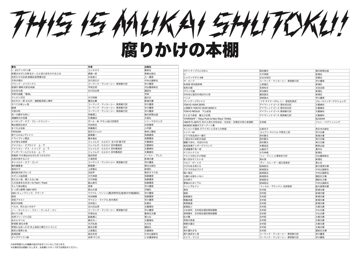 MatsuriStudio's tweet photo. 向井秀徳が選んだ100冊リスト ※半分在庫なし
誰か老眼鏡の用意をお願いします。 https://t.co/7T3benCa5N
