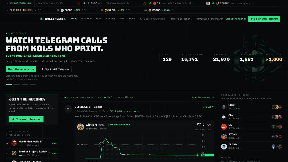 KOLScreenerApp's tweet photo. WE ARE CHANGING THE GAME.
The new KOLScreener is live.

Watch Telegram calls from KOLs who print. Every multiple, carded in real time, from the minute of the call.

https://t.co/Ne20Xsmezk https://t.co/WUcC9TJyHO