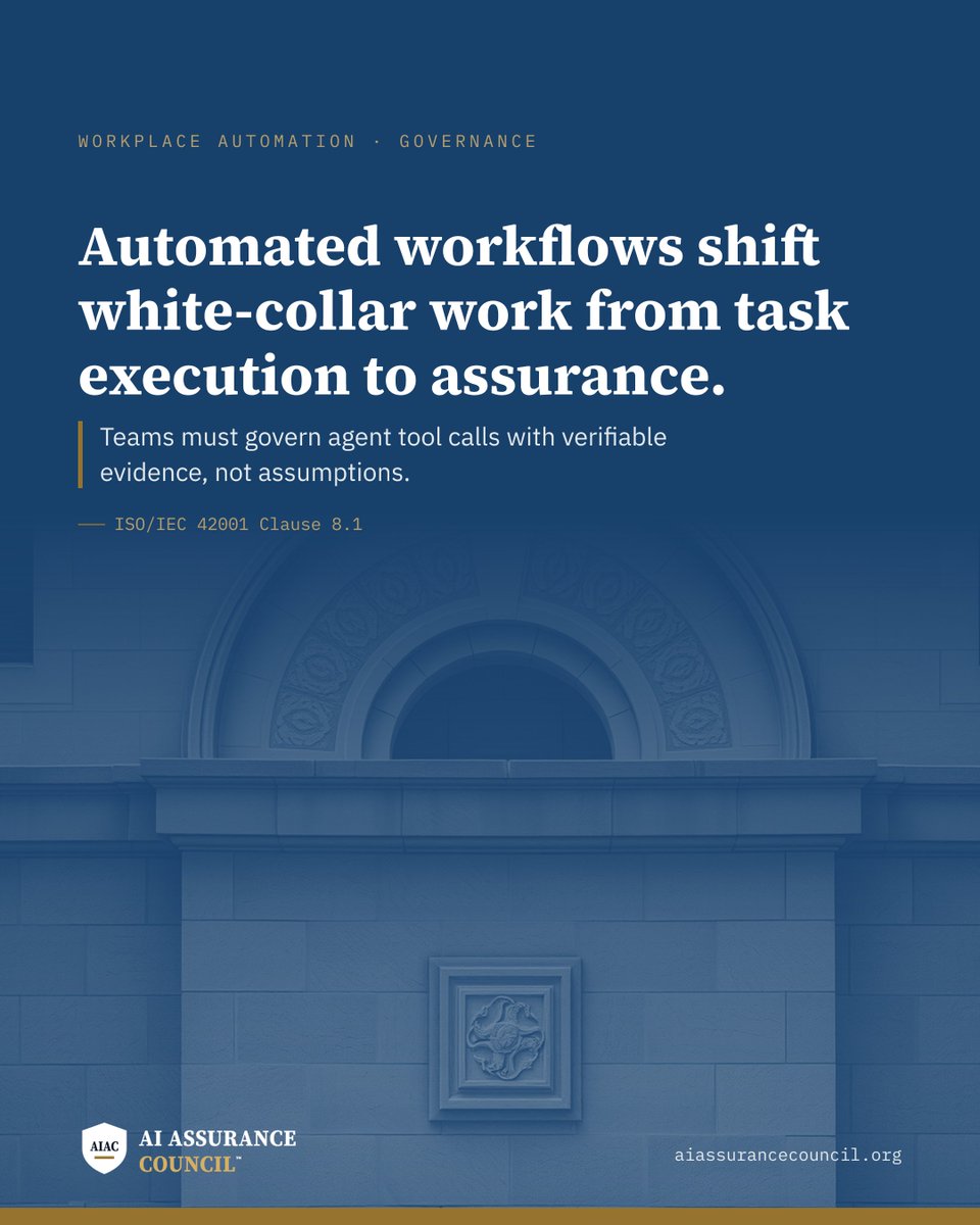 TheAIACouncil's tweet photo. Autonomous workflows now chain multi-step tasks across databases, emails, and enterprise systems without manual handover.

Function-calling agents execute workflows that once required staff. Operations, financial reporting, contract review, and customer administration are directly affected.

White-collar professionals capitalise on this shift by moving into workflow governance and oversight. They mitigate risk by bounding agent authority and verifying outputs.

Under ISO/IEC 42001 clause 8.1, organisations must maintain operational controls for automated processes. Under EU AI Act Article 14, systems must remain subject to human oversight. Assessors require documented approval gates and event logs.

Sources:
ISO/IEC 42001:2023, Clause 8.1: https://t.co/QZlmsAvXn6
EU AI Act, Article 14: https://t.co/fqZDiRlgu1

AI Assurance Council ™ — the competency standard for AI assurance. Registration open. https://t.co/1jY6mohiy1

#AIAssurance