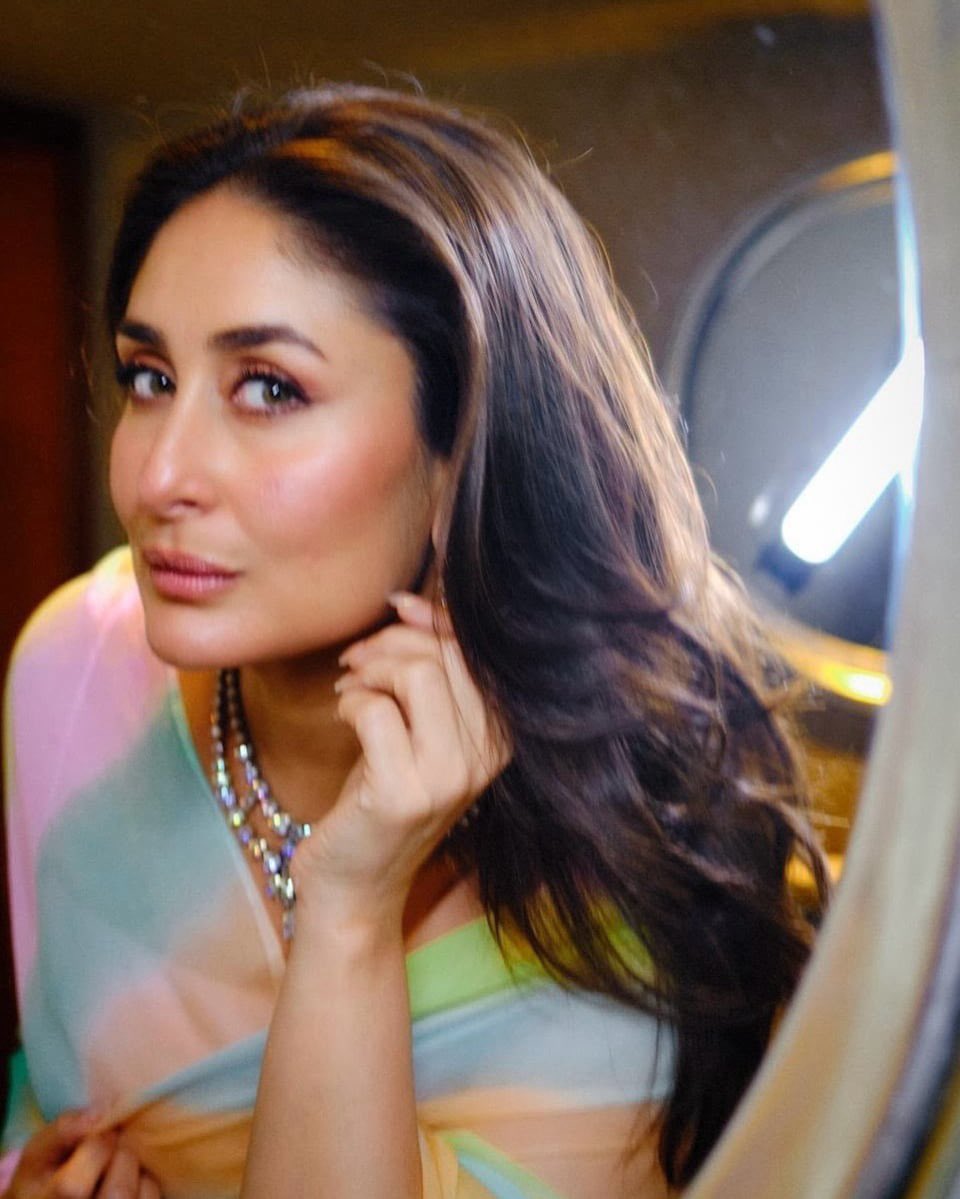 DesiCelebscift's tweet photo. Kareena Kapoor Khan wearing a custom Samandar Leheriya pastel rainbow chiffon saree, a pink strap blouse, and a double-layered diamond choker | Stylist: Rhea Kapoor

For 'Sach Ka Daayra' song launch event 2026. https://t.co/1vBTZ1v0CY