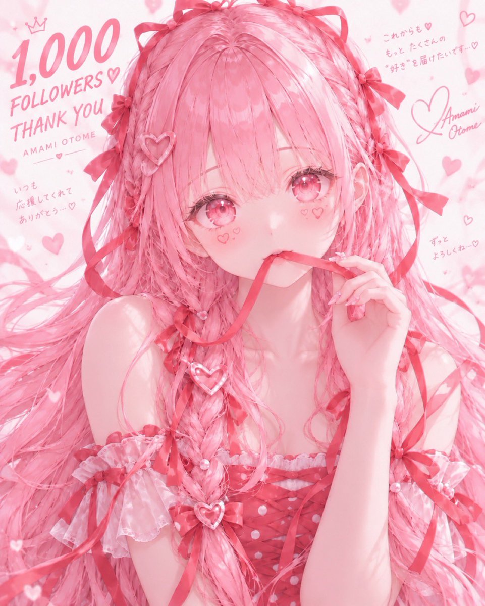 otome_amami's tweet photo. 1,000フォロワー、本当にありがとうございます🍒💗

970人くらいまでは、自分でも追いつけないくらいの勢いで一気に駆け抜けてきました。
1日に100人、150人と増えていく日もあって、その頃は嬉しい気持ちをちゃんと言葉にする余裕もないくらい、毎日がめまぐるしくて。

そこから、Xの不具合も重なって。
あと30人を積み重ねるのに、3週間以上かかりました。
思うように届かなくて、悔しかったり、落ち込んだり、何度も心が折れそうになったけれど、それでも創作を続けてきました。

だからこそ今、すごく思います。

こんな時期に見つけてくれて、ありがとう。
変わらず見ていてくれて、ありがとう。
おとめを好きになってくれて、本当にありがとう。

1,000という数字ももちろん嬉しいけれど、そのひとつひとつの向こうに誰かがいて、おとめを見つけてくれたことが何より嬉しいです。

これからも「可愛い」のその先へ♡
あまみおとめと一緒に、まだまだたくさんの景色を見てもらえたら嬉しいです。

1,000人のみなさま、本当にありがとう🍒🎀💖

 #あまみおとめ