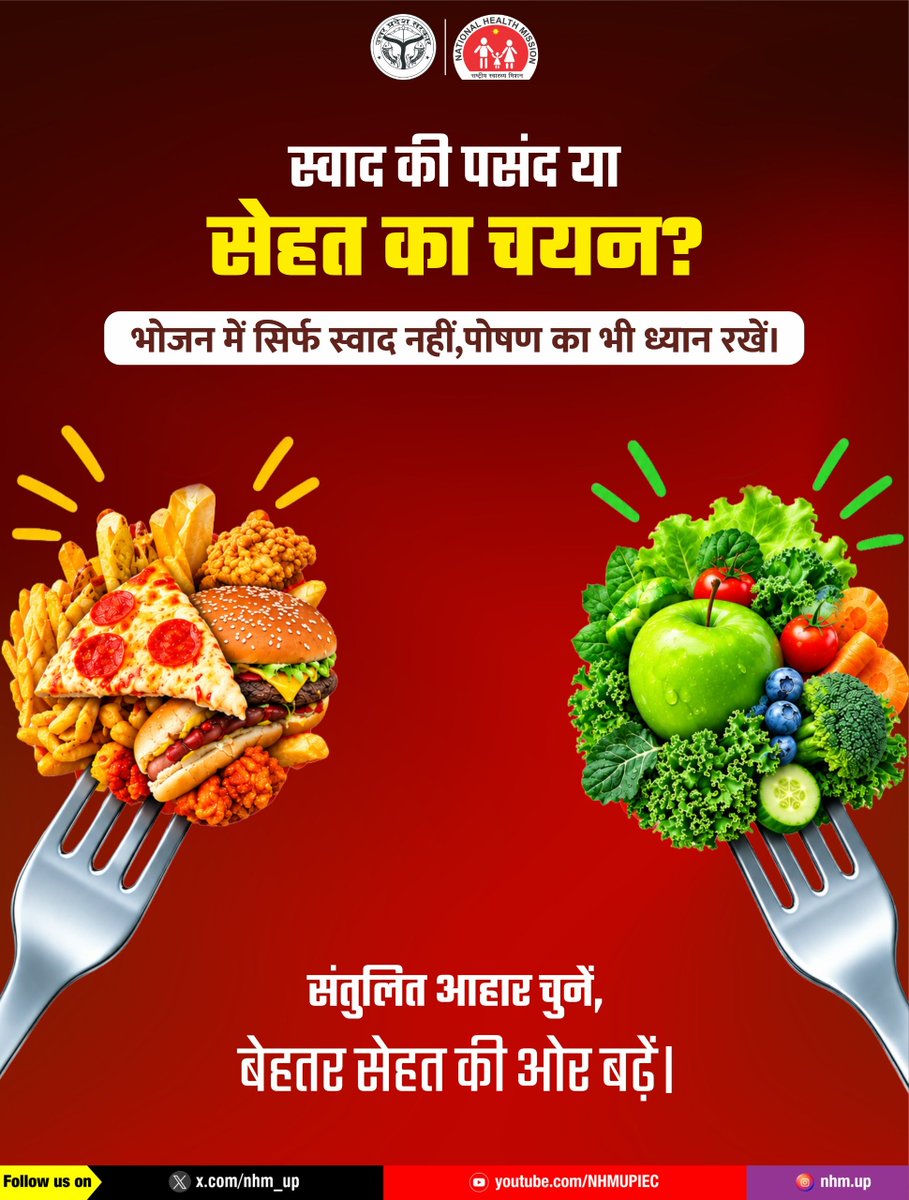nhm_up's tweet photo. भोजन केवल स्वाद की संतुष्टि नहीं, बल्कि शरीर को आवश्यक पोषण देने का माध्यम भी है।

विविध और संतुलित आहार अपनाएं, ताकि शरीर को आवश्यक प्रोटीन, विटामिन, मिनरल्स और फाइबर मिल सकें।

आज का सही खान-पान, स्वस्थ भविष्य की मजबूत नींव है।

Balanced Diet | Healthy Eating | Nutritional Health 

#BalancedDiet #HealthyEating #NHMUP #EatHealthy