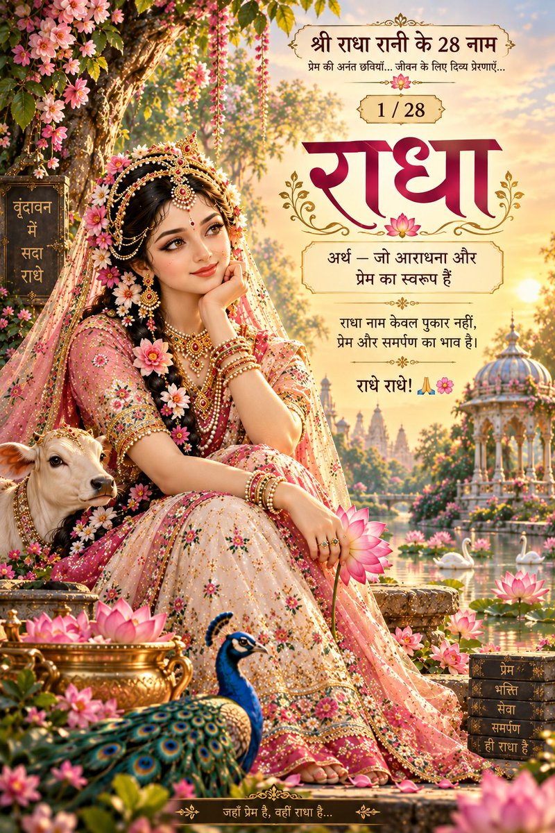 the_gbsir's tweet photo. 🌸 श्री राधा रानी के 28 नाम — 1/28
आज का नाम — “राधा” ❤️

राधा — अर्थात् वह दिव्य स्वरूप, जो प्रेम, आराधना और पूर्ण समर्पण का प्रतीक है।

राधा केवल एक नाम नहीं,
प्रेम की वह अवस्था हैं जहाँ पाने की इच्छा समाप्त होकर केवल समर्पण रह जाता है। 🌸

जब मन अशांत हो,
जब शब्द कम पड़ जाएँ,
तो बस प्रेम से एक बार पुकारिए—
“राधे…”

कभी-कभी मन को शांति किसी उत्तर से नहीं,
एक नाम के स्मरण से मिलती है। 🙏❤️
राधे राधे! 🙏🌸
#RadheRadhe #RadhaRani #Radha