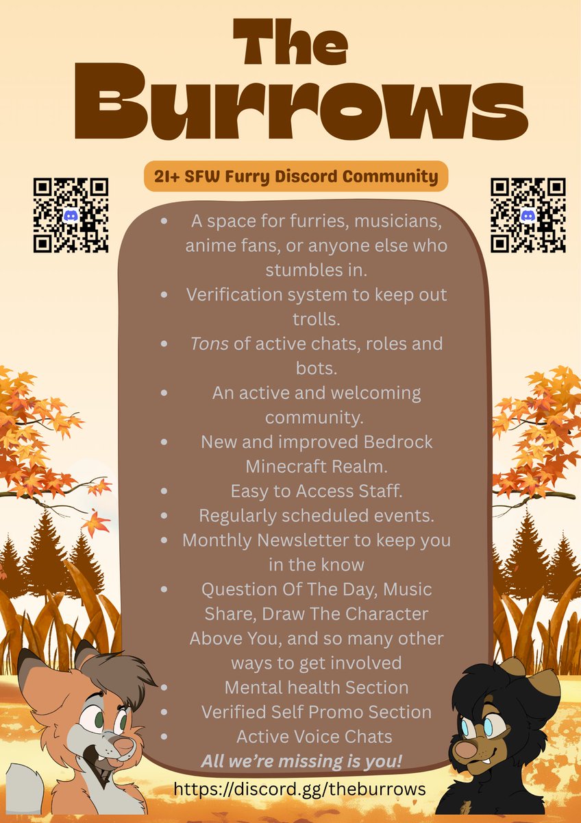 critterc0ded's tweet photo. We might be a little dramatic, but fall has hit in The Burrows, come check it out 🍂

🎥: @daxywagon 
🦊: @beanofloofy 
🐶: @.noctispluvia (Discord)
🦌: Me! https://t.co/i8IyaDPApD