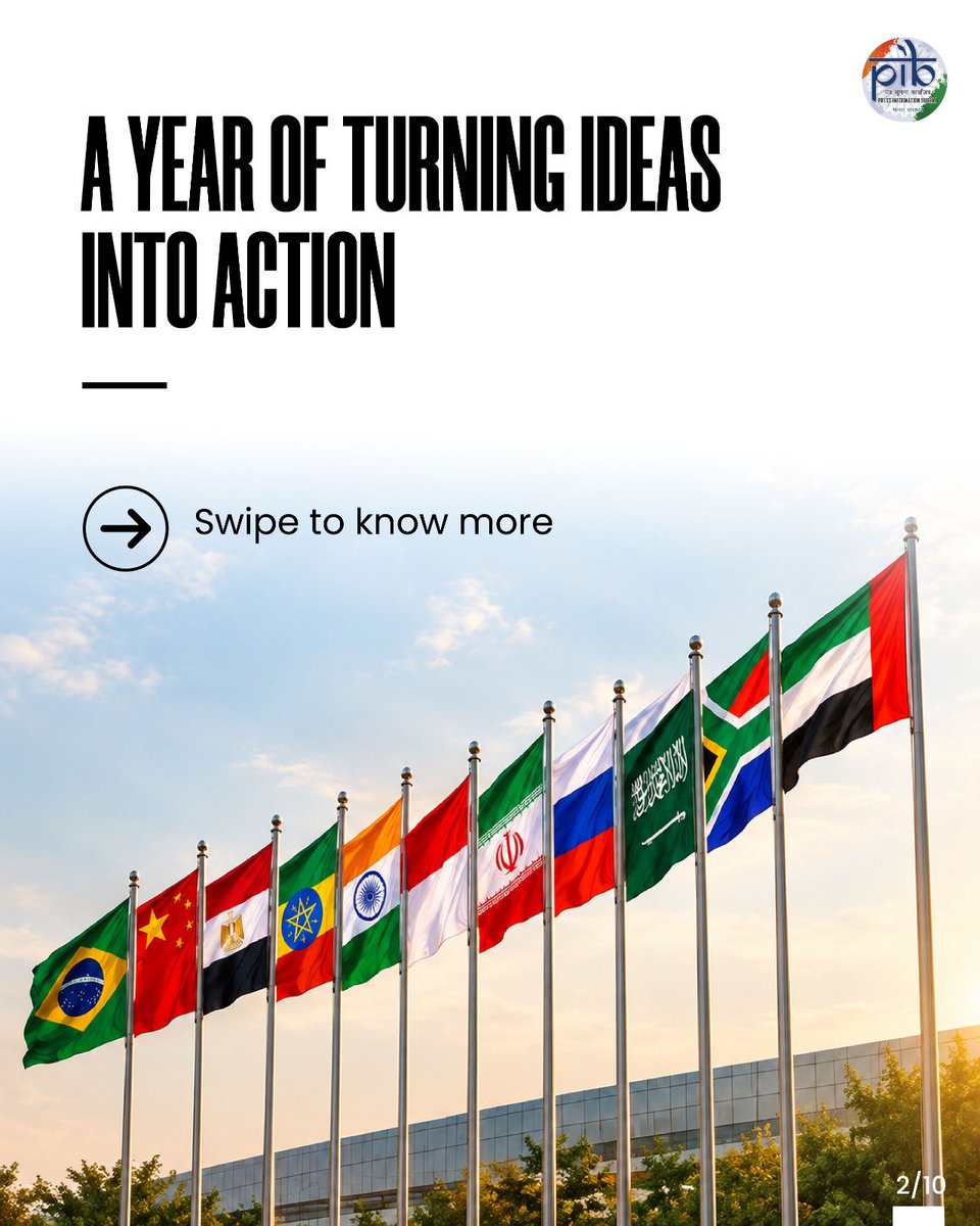 PIB_India's tweet photo. What is New Delhi bringing to BRICS 2026?

Swipe to learn more about how India is turning ideas into action for a brighter, collective future ⬇️

#BRICS2026 #BRICSIndia2026 #IndiaBRICSChairship
@BricsIndia2026

(1/4)