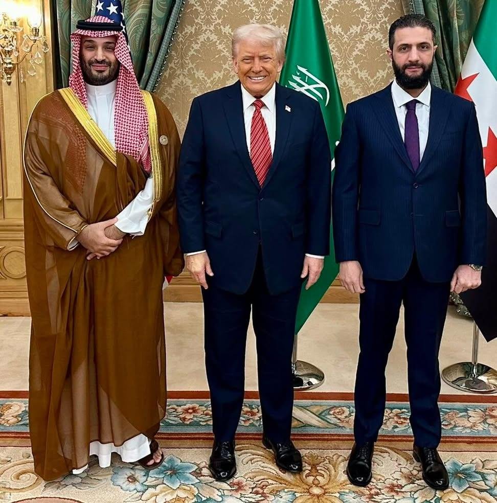RFuryNews's tweet photo. Donald Trump welcomed Saudi Prince Mohammed bin Salman and Syrian President Ahmed al-Sharaa to The White House as honored guests. One is a walking human rights violation who runs the country most suspected of providing aid to the 9/11 hijackers, and the other is a former leader of Al-Qaeda. And Trump smiled and posed for a picture between them. 

But please, tell me more about how Zohran Mamdani attending the memorial at Ground Zero is disrespectful to the victims.