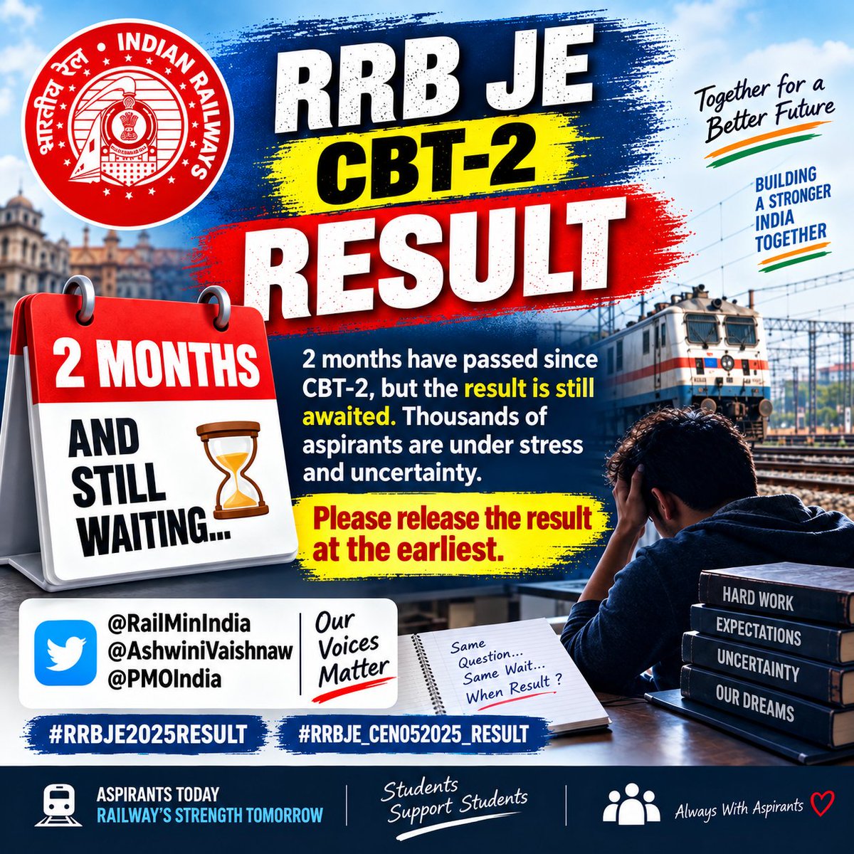 Aashish93691's tweet photo. RRB JE CBT-2 RESULT🎯🙏
2 months have passed since CBT-2, but the result is still awaited. Thousands of aspirants are under stress and uncertainty.
Please release the result at the earliest.
@RailMinIndia @AshwiniVaishnaw @PMOIndia
#RRBJE2025RESULT #RRBJE_CEN052025_RESULT https://t.co/muVFd1V6J0
