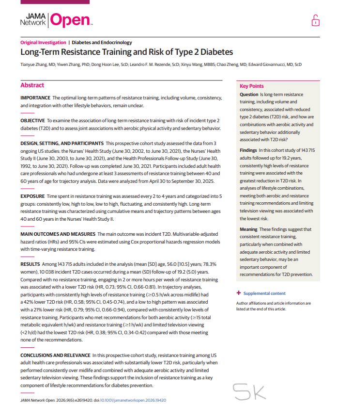 hyderabaddoctor's tweet photo. “I walk for 30–40 minutes every day.”
That is the most common answer when I ask people about exercise.

But when I ask, “Do you do strength training?” the answer is usually NO.

This is particularly important for people with insulin resistance, prediabetes and type 2 diabetes.

✅Aerobic exercise is excellent for metabolic health.
✅But strength training has its own unique benefits.

▶️Our muscles are major consumers of glucose. Strength training improves muscle mass, insulin sensitivity and the body's ability to handle glucose.

▶️Long-term studies have shown that regular strength training is associated with a significantly lower risk of developing type 2 diabetes.

🔹 Even relatively small amounts of strength training have been associated with lower diabetes risk.

🔹 Higher amounts of regular strength training appear to provide greater benefits.

🔹 The combination of aerobic exercise + strength training is better than either alone for reducing the risk of type 2 diabetes.

✅My simple prescription for better metabolic health:
🔸150+ minutes/week of aerobic activity
PLUS
🔸2-3 sessions/week of strength training
(aiming for approximately 60–120 minutes/week, depending on fitness and ability)

▶️You don't necessarily need a gym. Squats, lunges, step-ups, push-ups, resistance bands and weights can all help.

🔸Walking is good. But walking alone is not enough.
✅The best exercise programme is one that includes both aerobic exercise AND strength training.

Dr Sudhir Kumar               @hyderabaddoctor