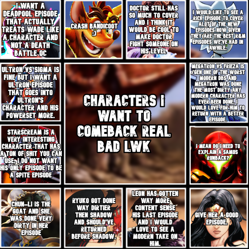 FGSoundwave's tweet photo. Characters I would want back onto Death Battle and who I would want them to fight https://t.co/XfM6FaHtmU