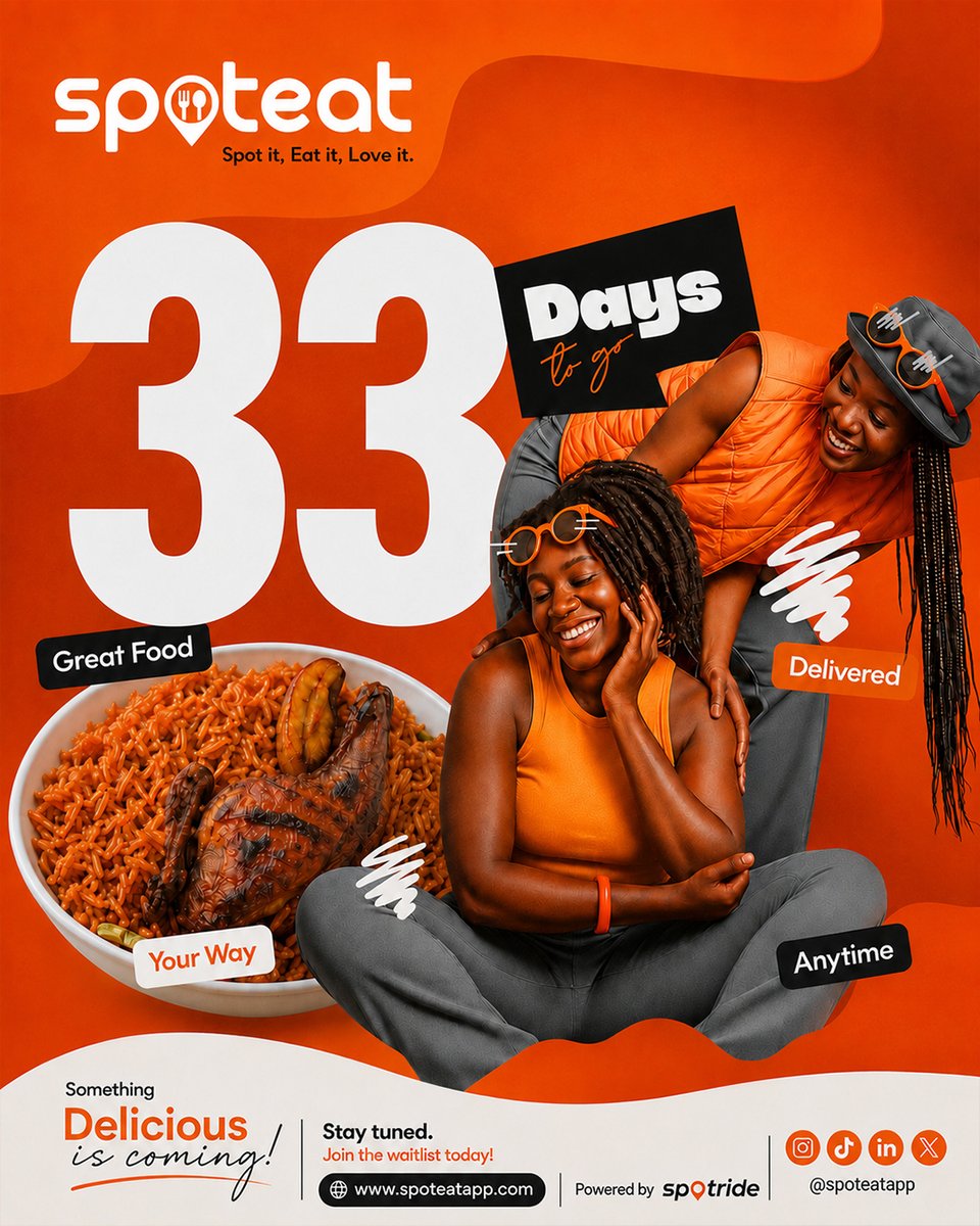 Spoteatng's tweet photo. 🔥 33 DAYS TO GO! 🔥

The countdown is on! ⏳🍽️
Something DELICIOUS is coming your way! Get ready to discover great food, enjoy easy ordering, and have it delivered your way, anytime. 🧡

📲 Join the waitlist today: https://t.co/AdsGbRwBRj�
Spot it. Eat it. Love it. 🧡

#SpotEat #33DaysToGo #SomethingDeliciousIsComing #FoodDelivery #FoodTech #NaijaFood #NigerianFood #FoodiesNigeria #LagosFoodies #EatLocal #Foodie #ComingSoon #FoodLovers #SpotItEatItLoveIt #Spotride