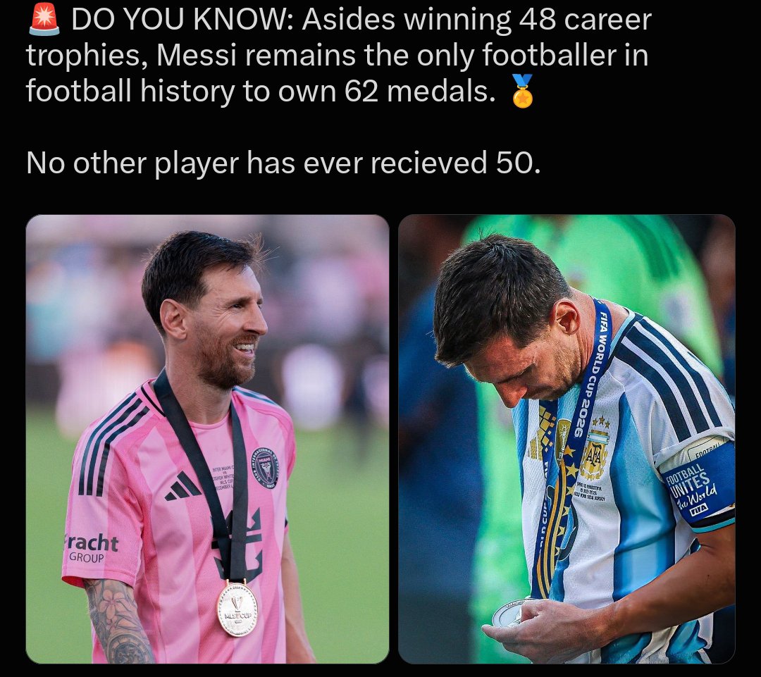 Manunitedboyy's tweet photo. 🚨 DO YOU KNOW: After winning 48 trophies, Messi remains the only footballer in history to own 62 medals. 🏅 

No other player has ever recieved 50 Medals. https://t.co/huEIfBICKl