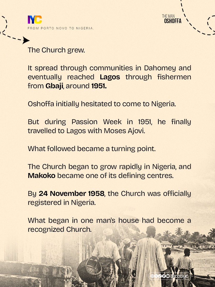 ccciyc's tweet photo. there was a man.

But who was he?
What happened before the Church began?
And how did one man's journey become a story that would reach far beyond Porto Novo?

Swipe.

The story begins here.

THE MAN, OSHOFFA. https://t.co/UJypxjPUDU