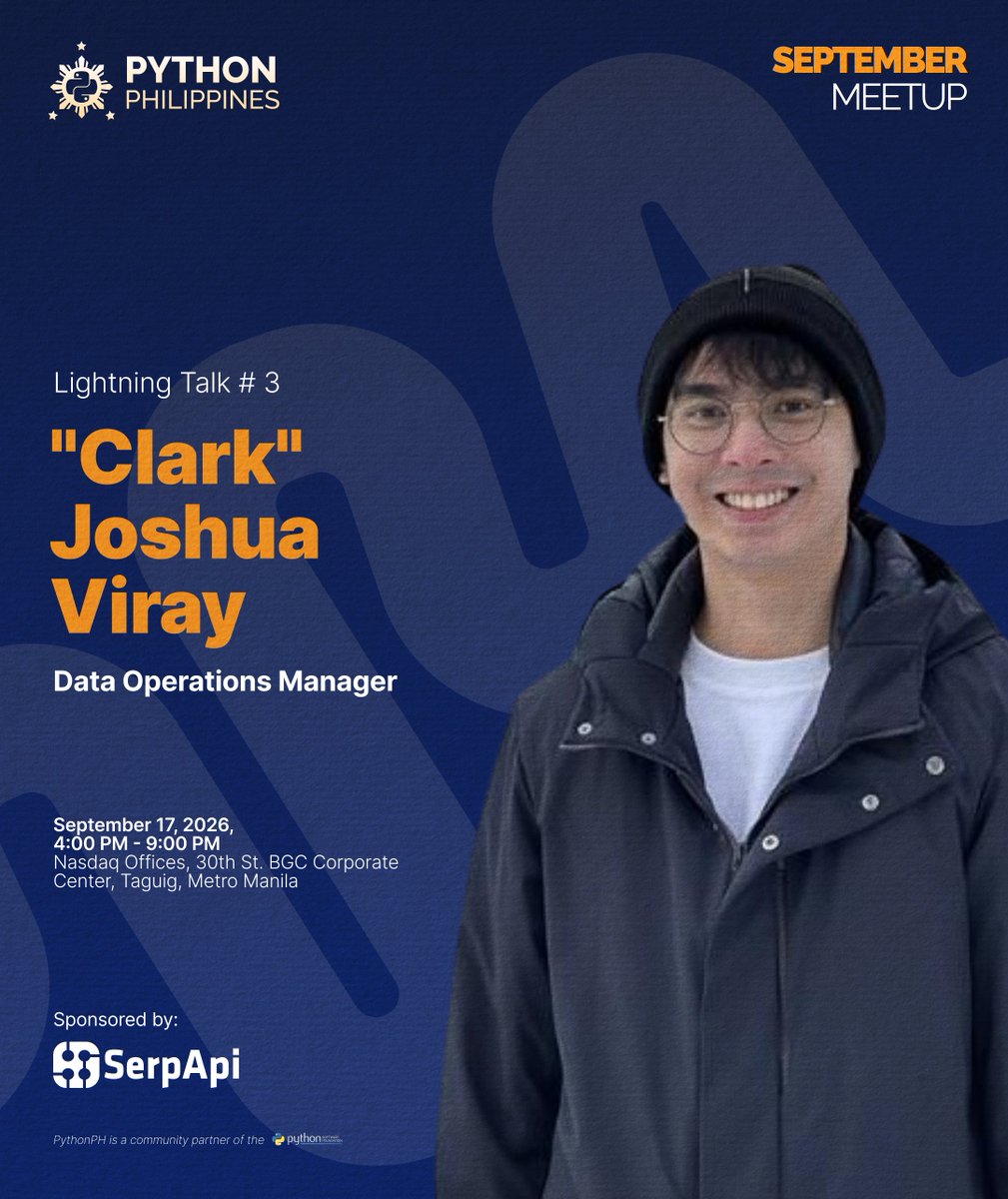 pythonph's tweet photo. 🎤 Hear Clark’s perspective at the 𝐋𝐢𝐠𝐡𝐭𝐧𝐢𝐧𝐠 𝐓𝐚𝐥𝐤 𝐒𝐡𝐨𝐰𝐜𝐚𝐬𝐞!

👉 𝐑𝐞𝐠𝐢𝐬𝐭𝐞𝐫 ��𝐞𝐫𝐞: https://t.co/Vi4umLfRJN

#PythonPH #PythonPhilippines #Nasdaq #DataOperations #AI #Automation #LightningTalks #Data #SeptemberMeetup https://t.co/o6jRUulH43