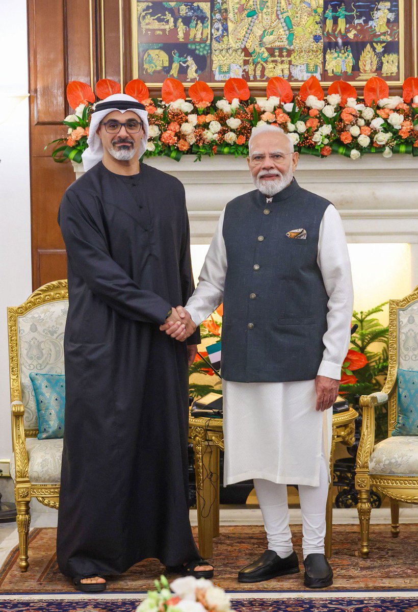narendramodi's tweet photo. India-UAE ties have been transformed over the last few years. Now, we are raising our ambitions even higher.

Delighted to meet His Highness Sheikh Khaled bin Mohamed bin Zayed Al Nahyan. 

Discussed taking our Strategic Partnership forward across defence, AI, space, critical minerals, energy, food security and connectivity.

From investments ties to new possibilities in strategic energy infrastructure and IMEC connectivity, there is immense potential ahead.

At a time of uncertainty in West Asia, a strong India-UAE is a symbol of stability, prosperity and peace.

شهدت العلاقات بين الهند والإمارات تحولاً كبيراً خلال السنوات القليلة الماضية، ونحن الآن نرتقي بطموحاتنا إلى مستويات أعلى.

سعدت بلقاء سمو الشيخ خالد بن محمد بن زايد آل نهيان.

ناقشنا سبل دفع شراكتنا الاستراتيجية قدماً في مجالات الدفاع، والذكاء الاصطناعي، والفضاء، والمعادن الحيوية، والطاقة، والأمن الغذائي، والربط الاستراتيجي.

تنتظرنا آفاق واعدة وإمكانات هائلة، بدءاً من العلاقات الاستثمارية ووصولاً إلى الفرص الجديدة في البنية التحتية الاستراتيجية للطاقة ومشاريع الربط ضمن الممر الاقتصادي بين الهند والشرق الأوسط وأوروبا (IMEC).

في ظل حالة عدم اليقين التي تشهدها منطقة غرب آسيا، تُمثّل العلاقة القوية بين الهند والإمارات رمزاً للاستقرار والازدهار والسلام.

@KBM_ALNAHYAN