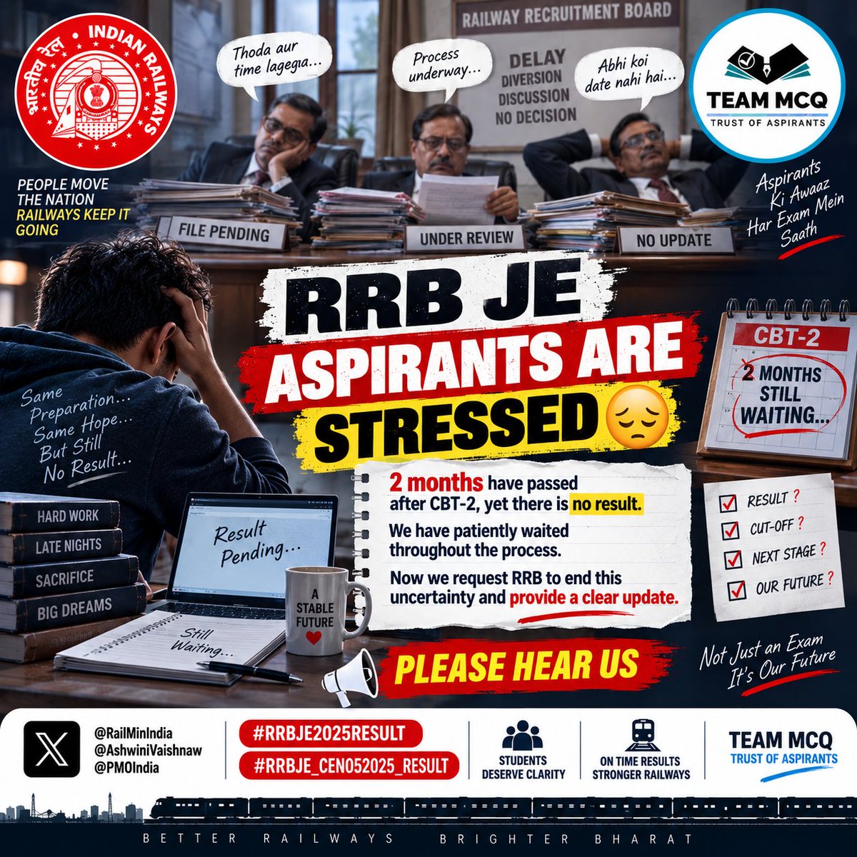 TeamMCQOfficial's tweet photo. RRB JE Aspirants R Stressed
2 months have passed after CBT-2, yet there is no result.
We have patiently waited throughout the process.We request RRB to end this uncertainty and provide a clear info.
@RailMinIndia @AshwiniVaishnaw @PMOIndia
#RRBJE2025RESULT #RRBJE_CEN052025_RESULT https://t.co/lmCHQhDhuV