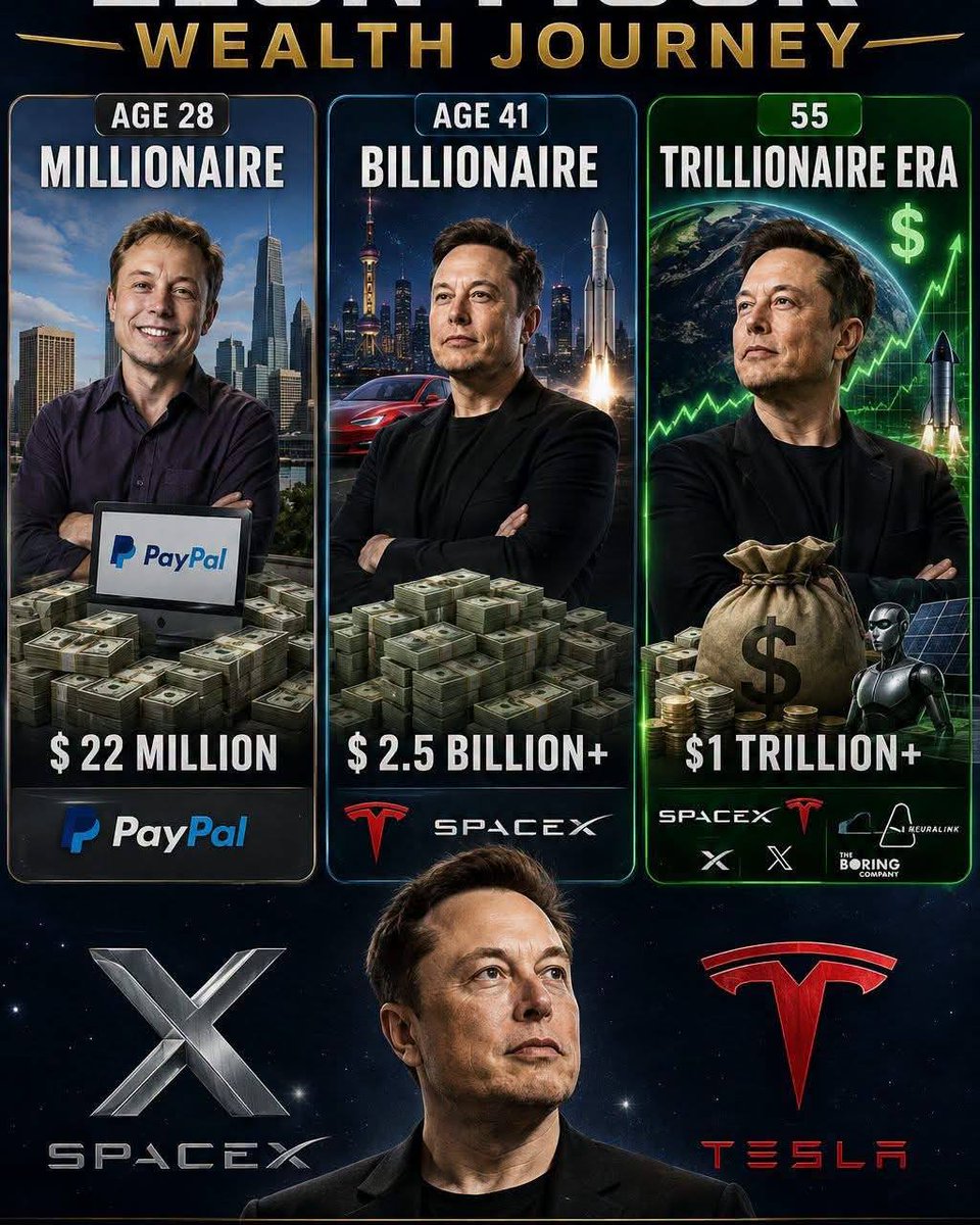 RodWaldrip's tweet photo. Elon Musk’s wealth rose with ventures like PayPal, Tesla, and SpaceX. From millionaire to billionaire, his journey draws global attention. A projected trillion-dollar milestone at 55 remains speculative, not confirmed. https://t.co/bFGaqKlcsT