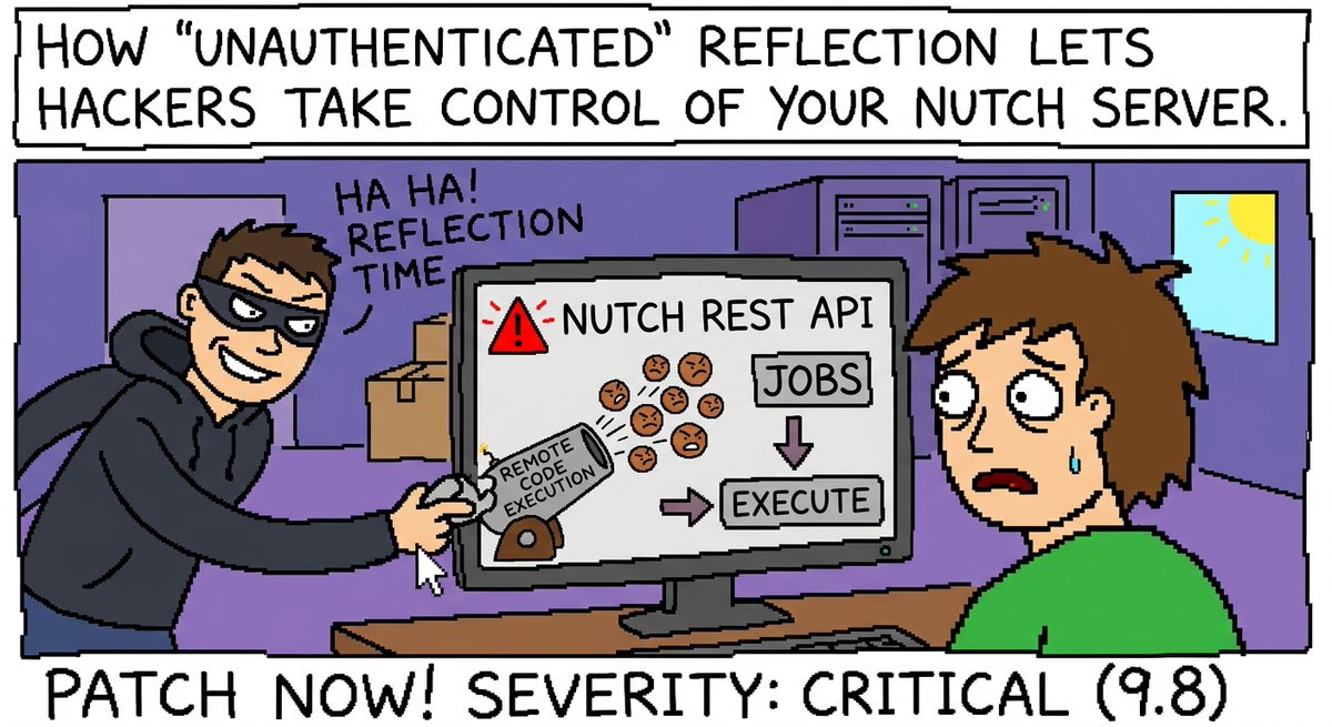 SecAlertsCo's tweet photo. 🪲 Apache Nutch REST API exposes unauthenticated reflection-based job execution. CVE-2026-41871 scores 9.8 — no auth, no interaction, full RCE risk. Patch now if Nutch Server is exposed.
#cybersecurity #ciso #vulnerabilities #mssp #Apache https://t.co/YcWbPhV7fR https://t.co/9BOpZJfdT3