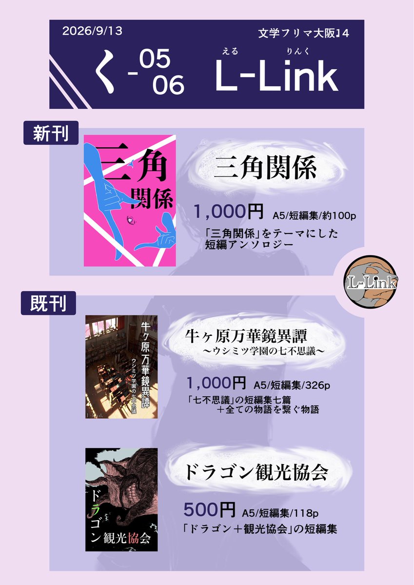 kniL_L's tweet photo. #文学フリマ大阪14 はいよいよ明日9/13(日)！会場はインテックス大阪！
ブース:く-05・06
サークル名:L-Link
新刊『三角関係』をはじめとしたアンソロジー集があなたをお待ちしています！！
webカタログリンク: https://t.co/hZ24P6aKs9 https://t.co/HUKWqS6owE