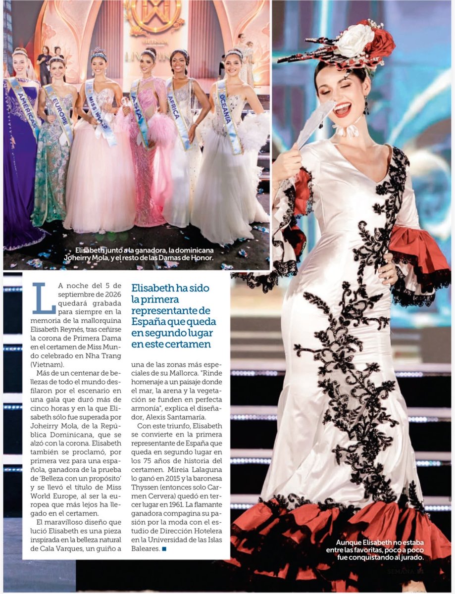 cresdelolmo's tweet photo. 🗞️ MISS WORLD SPAIN 2026 ESTA SEMANA EN REVISTA SEMANA 
La @semana_revista se hace eco del histórico triunfo de @elisabeth.reynes al quedar en segunda posición en la final de @missworld 2026 en Vietnam. 
👗 @alexissantana_as https://t.co/80TxQQbqBd