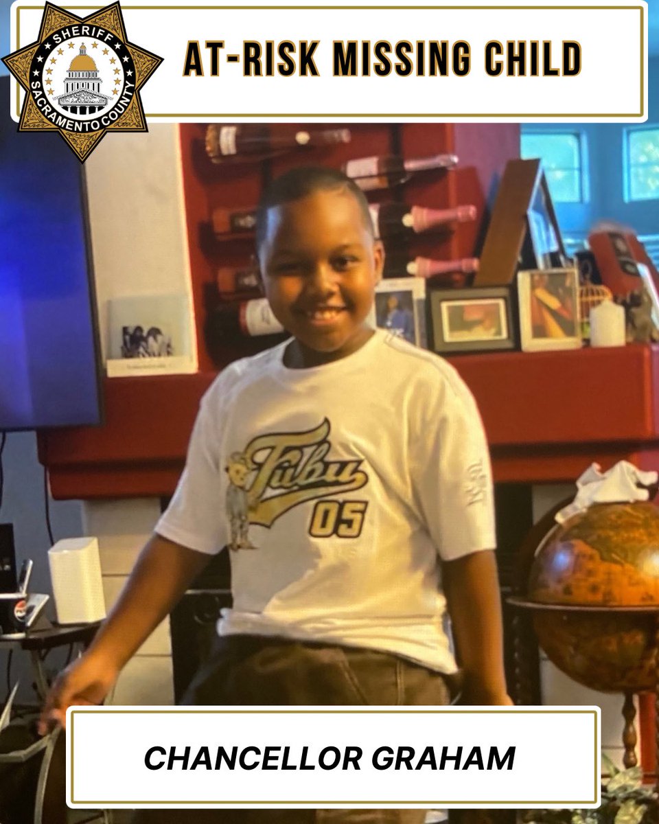 sacsheriff's tweet photo. AT-RISK MISSING CHILD

Sheriff’s Deputies are asking for the public’s help in locating 10-year-old Chancellor Graham, who is considered at risk due to his age. Chancellor was last seen at approximately 7:50 PM after leaving his residence on a bicycle near Ichbod Court and Hardester Drive in South Sacramento.

Chancellor is 4’9” tall, approximately 110 pounds, with black hair and brown eyes. He was last seen wearing a grey sweatshirt, red shirt, blue jeans, and red shoes.

Anyone who sees Chancellor or has information regarding his whereabouts is asked to immediately call the Sacramento County Sheriff’s Office at 916-874-5115.