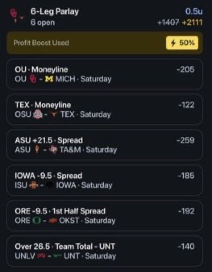 AB_EliteTips's tweet photo. 🏈✨ CFB WEEK 2 FULL CARD ✨🏈

🎰 6-LEG PARLAY |  (+2111) | 0.5u

Up +7.2u to start the CFB season 📈

LIKE IF TAILING❤️

#Gambling𝕏 https://t.co/CTGuAU1RdX