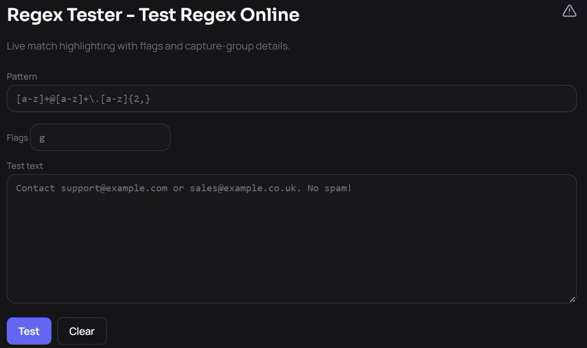mitoolhub's tweet photo. Regex is not hard.
Reading last month’s regex is hard.
If you can’t explain the pattern in one sentence, don’t commit it.
Write the test cases first:
match / no-match / edge case
Then build the expression.
What’s a regex you still refuse to touch?
#programming #regex
https://t.co/XzF8b8PY6O