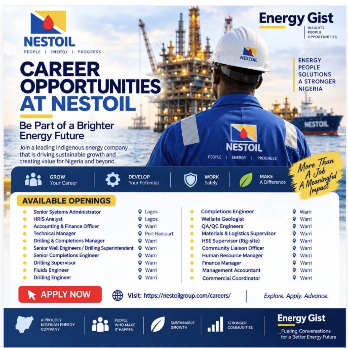 Realoilsheikh's tweet photo. H͟I͟R͟I͟N͟G͟| 𝐂𝐚𝐫𝐞𝐞𝐫 𝐎𝐩𝐩𝐨𝐫𝐭𝐮𝐧𝐢𝐭𝐢𝐞𝐬 𝐢𝐧 𝐍𝐢𝐠𝐞𝐫𝐢𝐚,𝐬 𝐄𝐧𝐞𝐫𝐠𝐲 𝐈𝐧𝐝𝐮𝐬𝐭𝐫𝐲

For professionals looking to advance their careers in the oil and gas sector, this may be a good time to explore opportunities with Nestoil Group, one of Nigeria's leading indigenous energy companies.
Nestoil is currently recruiting across multiple disciplines, including:

🔹 Drilling & Completions Manager
🔹 Senior Well Engineers / Drilling Superintendent
🔹 Senior Completions Engineer
🔹 Drilling Engineer & Drilling Supervisor
🔹 Wellsite Geologist
🔹 Fluids Engineer
🔹 QA/QC Engineers
🔹 HSE Supervisor (Rig Site)
🔹 Materials & Logistics Supervisor
🔹 Technical Manager
🔹 Finance Manager & Management Accountant
🔹 Commercial Coordinator
🔹 HR Manager & HRIS Analyst
🔹 Senior Systems Administrator
🔹 Accounting & Finance Officer
🔹 Community Liaison Officer
📍 Locations include Warri, Port Harcourt, and Lagos.

Beyond the number of openings, what stands out is the breadth of disciplines being soughtcovering drilling, completions, subsurface, HSE, logistics, commercial, finance, HR, and IT. This reflects the growing need for multidisciplinary talent as indigenous operators continue to expand their activities across Nigeria's energy value chain.

If you have the required experience or know qualified professionals seeking new opportunities, it may be worth taking a closer look.

Apply here:
https://t.co/13TfaZOLkP

Wishing all applicants the very best as they pursue the next phase of their professional journey.

#OilAndGas #EnergyJobs #Careers #Nestoil #Drilling #Engineering #Geoscience #HSE #EnergyProfessionals #NigeriaEnergy #OilfieldJobs #Leadership #CareerDevelopment