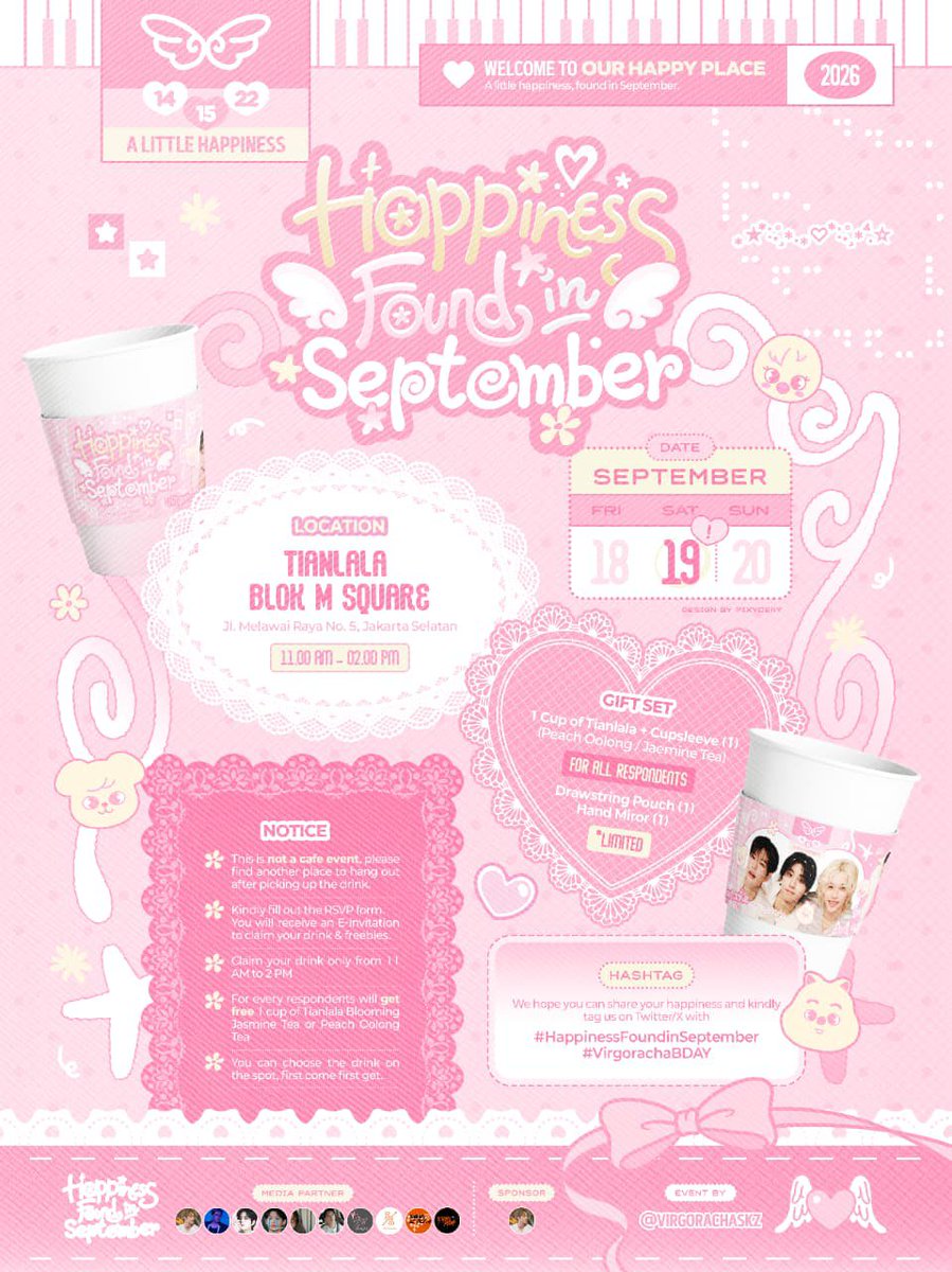 teamnyaSKIA's tweet photo. ๐appiness ๐ound in ๐ขeptember
๐ธ A Sip of Happiness ๐ฅค
Get a ๐
๐๐๐ sweet drink!
๐๏ธ Saturday, 19 Sept 2026
๐ 11 AM - 2 PM
๐ Tianlala Blok M
๐ RSVP 12 Sept, 7 PM
Event by @VIRGORACHASKZ
#HappinessFoundinSeptember
#VirgorachaBDAY https://t.co/1xPft8kIdR