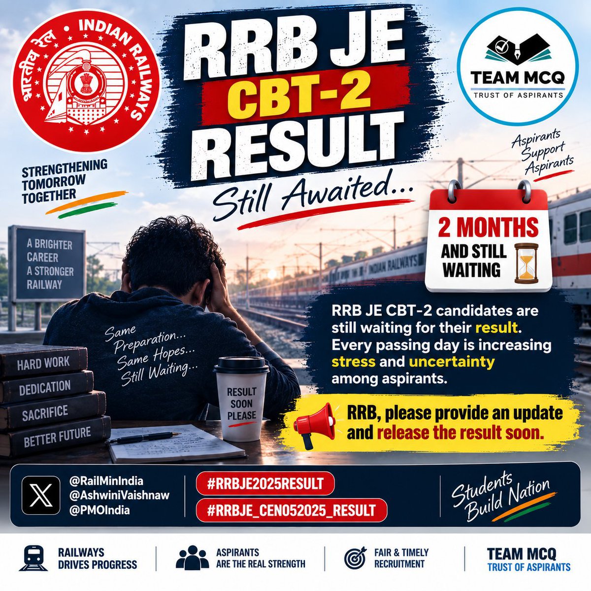 TrendAtlas_'s tweet photo. RRB JE CBT-2 RESULT🎯🙏
2 months have passed since CBT-2, but the result is still awaited. Thousands of aspirants are under stress and uncertainty.
Please release the result at the earliest.
@RailMinIndia 
#RRBJE2025RESULT #RRBJE_CEN052025_RESULT https://t.co/MLnkcgC8Uc