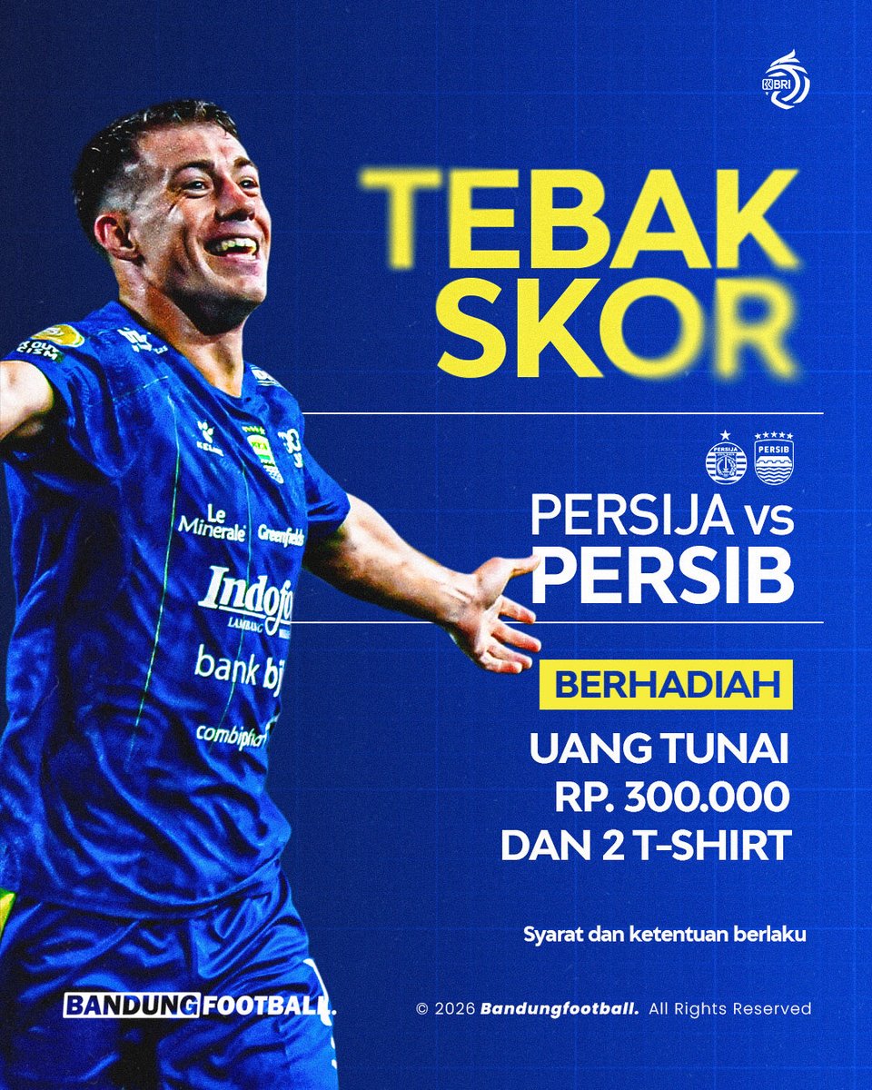 bandungfootball's tweet photo. Yoow barudaaaks! 👋🔵

Khusus warga X, kuis tebak skor Persija 🆚 Persib! Ada Rp 300,000.- untuk 5 orang beruntung, serta 2 t-shirt Bandung Football!

Syaratnya gampang!
1. Follow akun X kami
2. ⁠Subscribe akun Youtube kami di https://t.co/iVKZpaLSaP
3. ⁠Reply tweet ini dengan tebakan skormu

Ketentuannya, hadiah berlaku JIKA Persib dapat curi poin dari Jakarta 😀💙🇬🇦

Kolom reply akan dibatasi saat half time 😉
Ulah tinggaleuuuunn 👊👊

#BandungFootball #BFCOM #Persib #Bobotoh #PersibDay