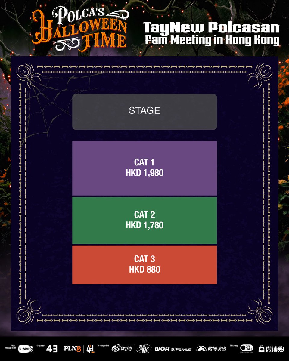 GMMTV's tweet photo. TayNewPolcasan is coming to Hong Kong for Halloween! 🎃🎉

Get ready for the most magical Halloween Time with them! 🪄👻

[TayNewPolcasan Fam Meeting in Hong Kong : Polca's Halloween Time]

📅Date: 31 October 2026 (Saturday) 
🕐Benefits Sessions: 1PM
🕐Show Time: 4PM
📍Venue: Regala Skycity Hotel Grand Ballroom

🎫Ticket Prices (Platform fee not included): HKD $1,980 / $1,780 / $880 
🔸Public Sale: Starts from 25 September 2026 (Friday) at 12PM via OFF GRID  | https://t.co/2VQXOSsTpy 
 *Benefits & Top-up Benefits info in image

👗Dress Code: Halloween Costume & Spooky Style 👻🎃
Dress up in your best Halloween outfits and join Halloween Time with TayNewPolcasan!

⚠️ Remark:
The actual show time may be subject to change depending on on-site conditions. The organizer reserves the right of final decision.

@Tawan_V
@new_thitipoom
@polcasan_GMMTV
@GMMTV
@ah_haan4thai_e

#TayNewPolcasanFMinHK2026 #TayNewPolcasan #Tawan_V #new_thitipoom #polcasan_GMMTV #GMMTV