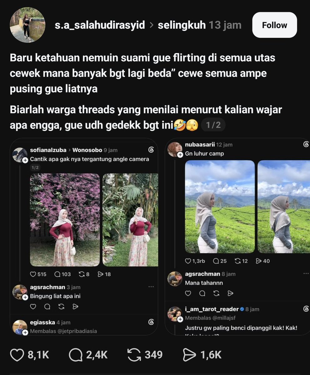 biduanssa's tweet photo. jadi ada seorang istri yang nyepil kelakuan suaminya (pict 1). suaminya genit ke cewe-cewe yang lewat di timeline threadsnya.

eh suaminya malah ngepost kek gini (pict 2). istrinya secakep ini loh, masih aja ganjen ke cewe lain.

 bau-bau lagi ngebujuk istrinya tuh keknya ahahahahah.

BUAT ISTRINYA, JANGAN DIMAAFIN KAK!!! KELAKUANNYA NAJIS🤮