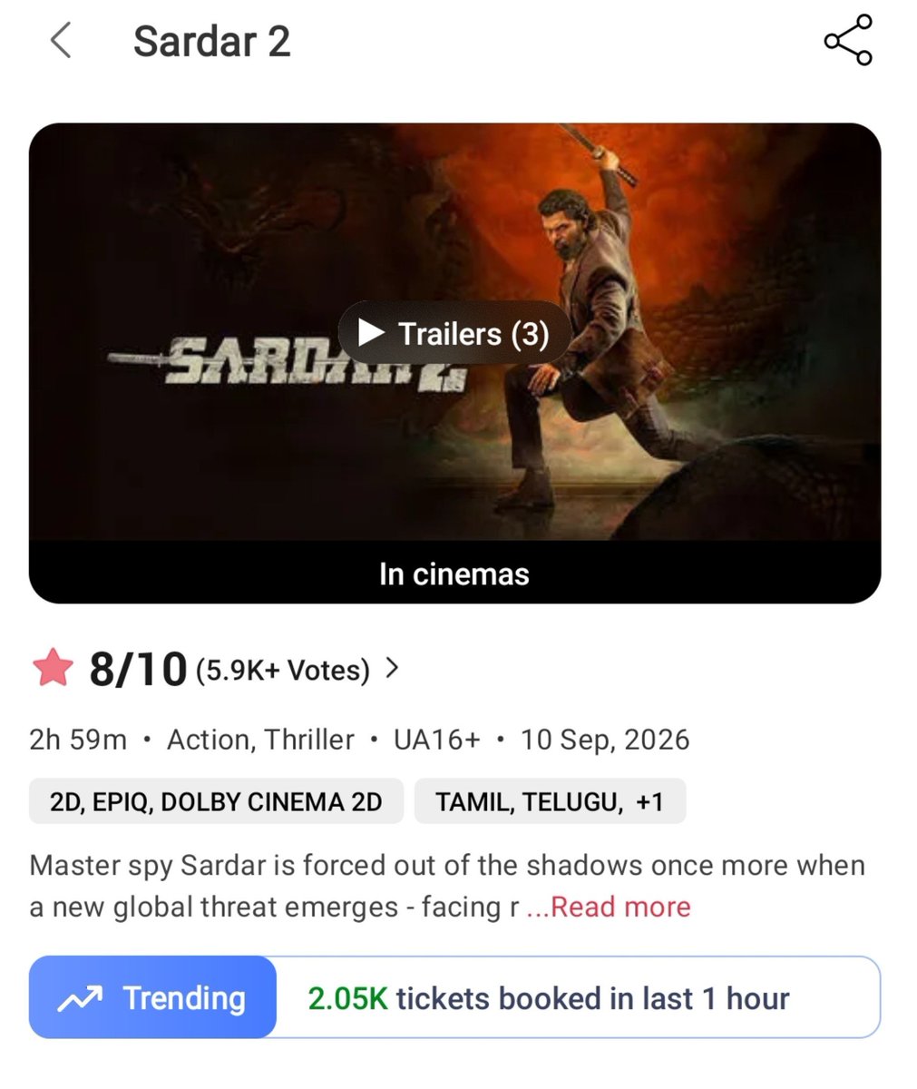 BNDBugle's tweet photo. π΅οΈββοΈπ₯ OPERATION #SARDAR2 picks up pace on BMS!
ποΈ 2.05K tickets booked in the last 1 hour
The mission is gaining momentum again. π₯
#Karthi #SJSuryah #PSMithran #SamCS #Sardar2Review #OnceASpyAlwaysASpy https://t.co/aE4GIEBPgo