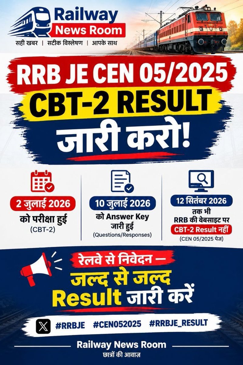 Nomorecricket's tweet photo. RRB JE cbt 2 result kab jari hoga. 2 july ko exam hua tha abhi almost 2.5 months ho gye. Railway me safety bada concern hai lekin engineers ki hi bharti delay ho rha hai to safety improvement kaise hoga?
@AshwiniVaishnaw @RailMinIndia 

 #RRBJE2025RESULT #RRBJE_CEN052025_RESULT https://t.co/PeQVrZZ5Ic
