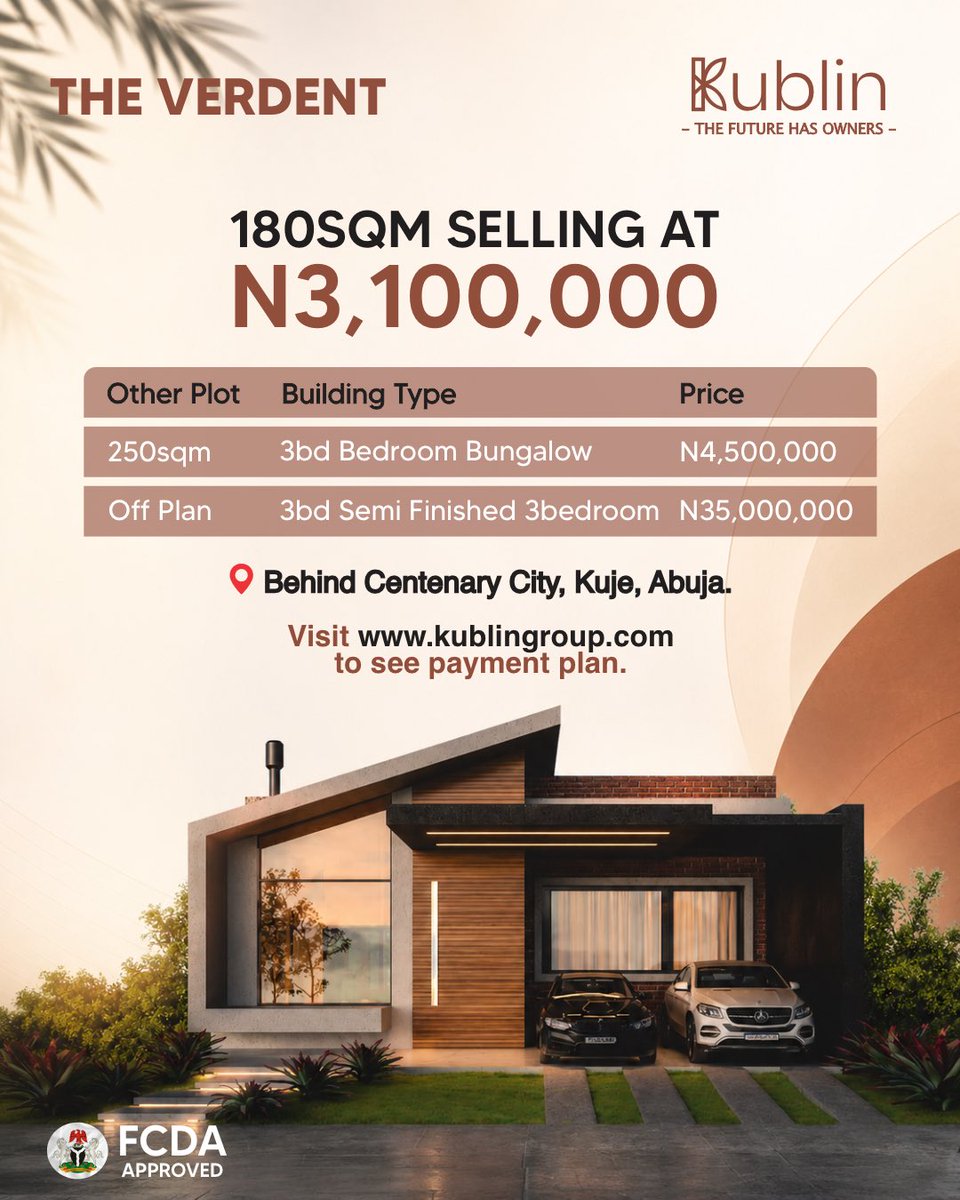 kublingroup's tweet photo. The Verdant offers you the opportunity to own property in a prime location behind Centenary City, Kuje, Abuja, with flexible payment plans designed to make ownership more achievable.

Whether you’re looking to secure a plot or invest in your future home, now is the time to make your move.

The Future Has Owners.

#KublinGroup #TheVerdant #TheFutureHasOwners #RealEstateNigeria #AbujaRealEstate PropertyInvestment LandForSale KujeAbuja PropertyOwnership