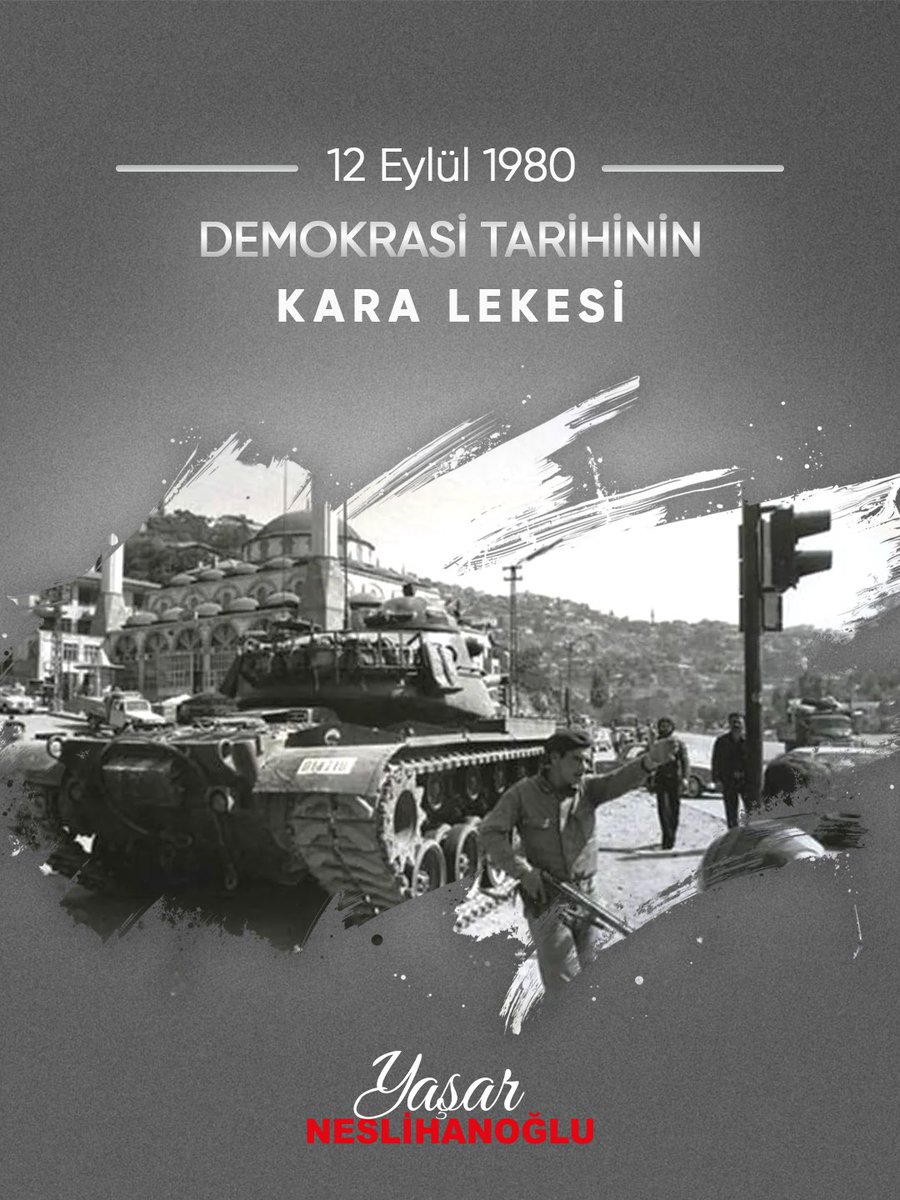 yasarnes's tweet photo. 12 Eylül darbesi, demokrasi tarihimize düşen en kara lekelerden biridir. Millet iradesinin yok sayıldığı, özgürlüklerin susturulduğu, insanların düşünceleri ve kimlikleri nedeniyle fişlendiği o karanlık dönem, ülkemizin hafızasında derin acılar bırakmıştır.

12 Eylül’ün yıl dönümünde, demokrasi uğruna bedel ödeyenleri saygıyla anıyor, ülkemizin bir daha böyle karanlık dönemler yaşamamasını temenni ediyorum.