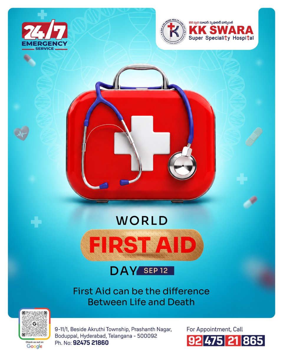 kk_swara's tweet photo. 🩹❤️ World First Aid Day | September 12
First aid knowledge can help you respond calmly and quickly during an emergency.

Learn the basics. Stay prepared. Be ready to help when it matters most.

🏥 KK Swara Super Speciality Hospital

#WorldFirstAidDay #FirstAid #EmergencyCare https://t.co/v1wftGIOVs