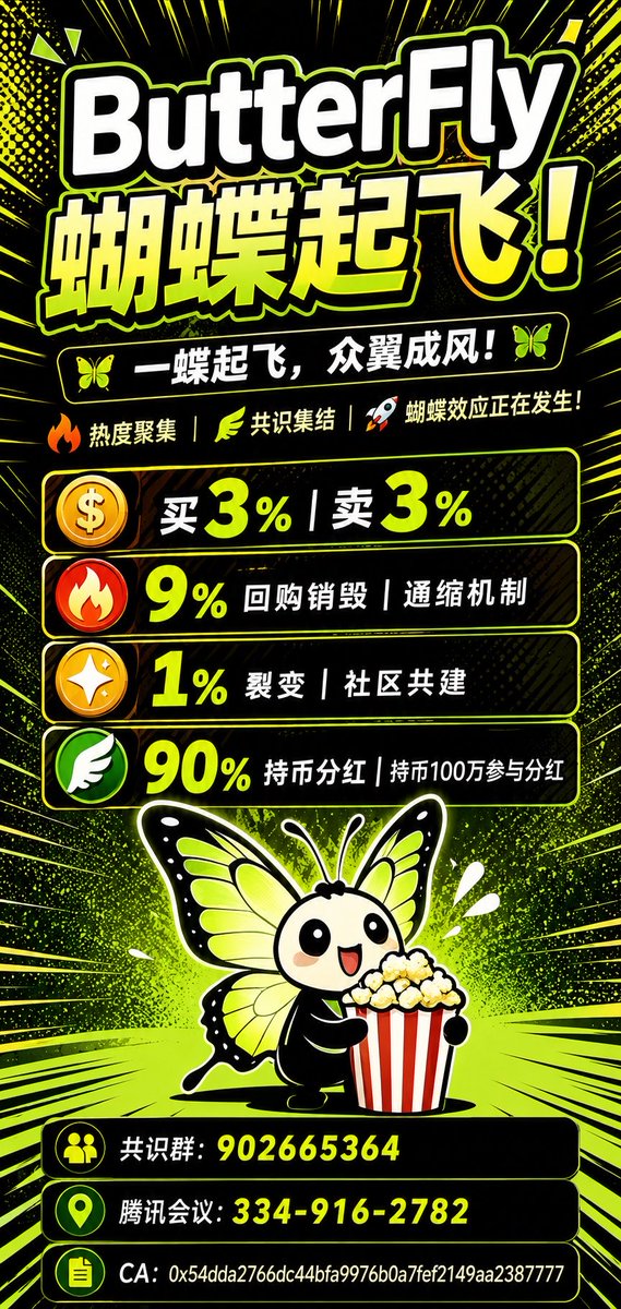 QingFengWeb3's tweet photo. 🦋 ButterFly ｜蝴蝶起飞！

🦋一蝶起飞，众翼成风！
🔥 热度聚集｜🪽 共识集结
🚀 蝴蝶效应正在发生！

💰 买3%｜卖3%
🪽 90% ｜持币分红｜100万起参与分红
🔥  9%   ｜回购销毁｜通缩机制
✨  1％  ｜裂变｜社区共建

         共识群: 902665364
📍腾讯会议：334-916-2782

📌 CA：0x54dda2766dc44bfa9976b0a7fef2149aa2387777