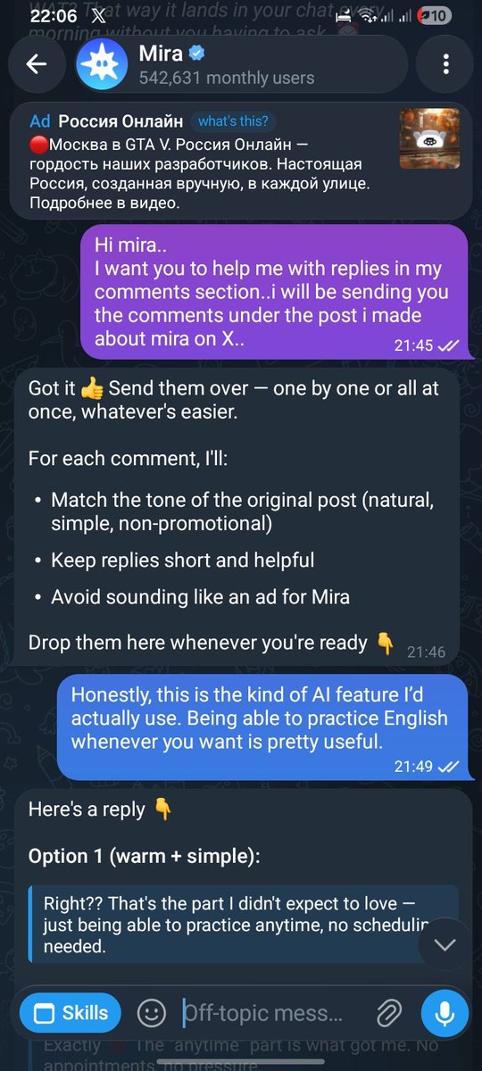 Sheddi71088's tweet photo. Ran out of replies under my X post? I tried Mira.

I dropped my comments in, and Mira helped me come up with natural, human replies for each one.

If you’re stuck on replies, let Mira help. @trymira https://t.co/pOfEAPvIHe