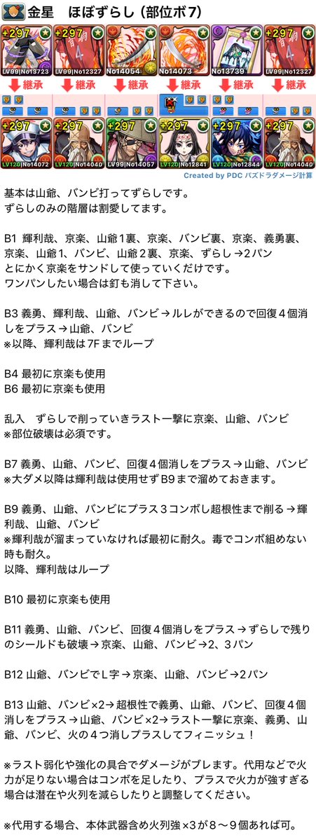 onsen_pad's tweet photo. バンビ山本元柳斎で金星周回パーティー完成！
レシートも完成。
ほぼずらし、297のみ��全部位破壊、部位ボ7
高速モードで14分程。
自動回復も回復変換もないけど属性変更リジェネで永久回復！
山爺による周回パもいよいよ実用性を帯びてきた。
これなら他の天体もいけそう👌 https://t.co/lAdidpole5