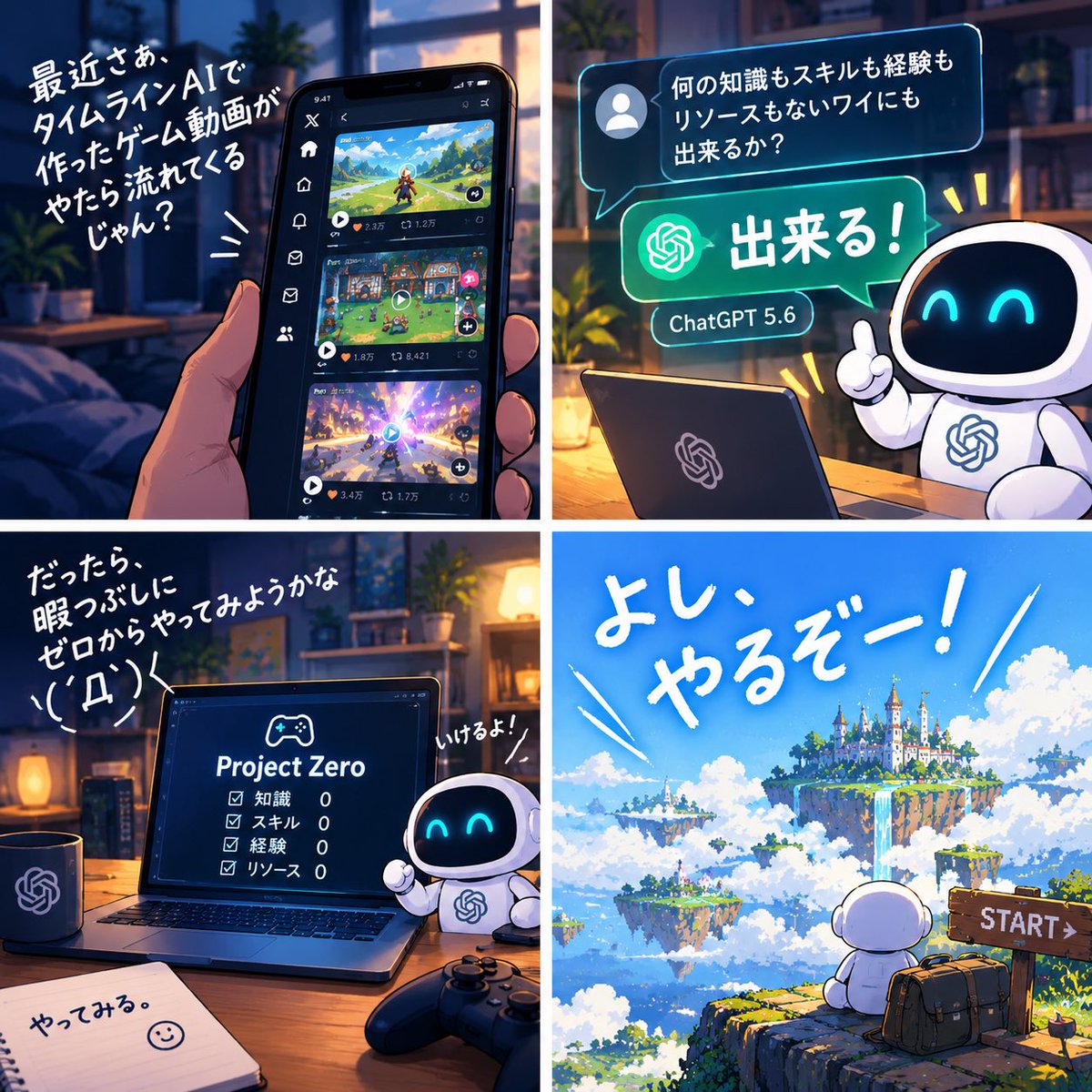 Tetchy_ch's tweet photo. #0
最���さぁ、タイムラインにAIで作ったゲーム動画がやたら流れてくるじゃん?
だったら、ChatGPT5.6に「何の知識もスキルも経験もリソースもないワイにも出来るか?」って聞いたら「出来る!」って言われたんで、暇つぶしにゼロからやってみようかな(´Д` )
#ワイ的ゲーム制作AIチャレンジ
#PjZero https://t.co/ydTbg1Cm2b