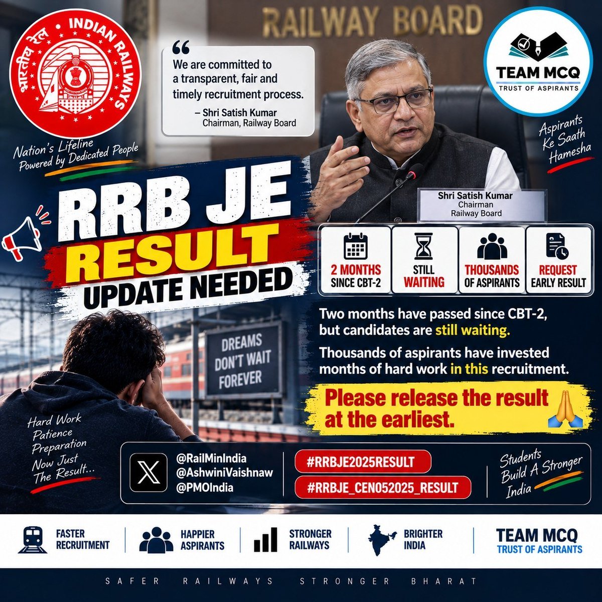 ashwani_1718's tweet photo. RRB JE Aspirants R Stressed
2 months have passed after CBT-2, yet there is no result.
We have patiently waited throughout the process.We request RRB to end this uncertainty and provide a clear info.
@RailMinIndia @AshwiniVaishnaw @PMOIndia
#RRBJE2025RESULT #RRBJE_CEN052025_RESULT https://t.co/myrZEpZ2N3