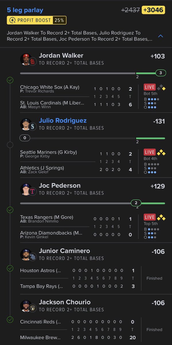 FJerimai618's tweet photo. This 5-leg parlay is cooking 🔥

4 legs already locked ✅  
Jordan Walker ✔️  
Joc Pederson ✔️  
Junior Caminero ✔️  
Jackson Chourio ✔️  

Just need Julio Rodríguez to get 2 total bases…  
Odds sitting at +3046 with the boost.  

One more hit and we’re eating. Who’s sweating https://t.co/vdtGwjACZ3