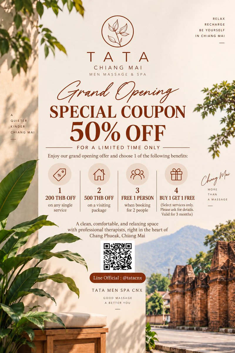 TATASPACNX's tweet photo. 🎉 TATA MEN SPA CNX is now open! 🤎

A new men’s spa in Chiang Mai — clean, comfortable &amp; private. ✨

🔥 Grand Opening Promotion until Sept 15
฿200 OFF | ฿500 OFF for outcall | 2-for-1 | Buy 1 Get 1

📍 Chang Phueak, Chiang Mai
📞 095-912-8656
📲 LINE: @tatacnx

#TATAMENSPACNX https://t.co/iQyDjsToFA