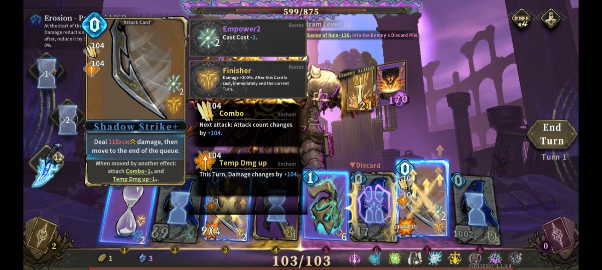 DarkyMarkE's tweet photo. How the hand started, halfway through and how it ended up. 

Even with the boss having damage reduction of 70%, no problem when you're dealig 61 damage for nearly 200 ticks.

And all this in the first turn. Shadow Dancer kit is very fun.

#AbyssalSoul https://t.co/fHuOflr84D