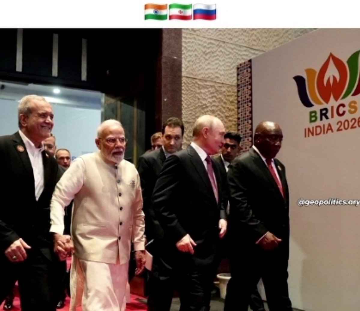 Busuuuu7m's tweet photo. At the 18th BRICS Summit in New Delhi, a striking image of the bloc's unity captured everyone's attention when Indian Prime Minister Narendra Modi walked in step, hand-in-hand, with Iranian President Masoud Pezeshkian. https://t.co/aXkYX13NCo