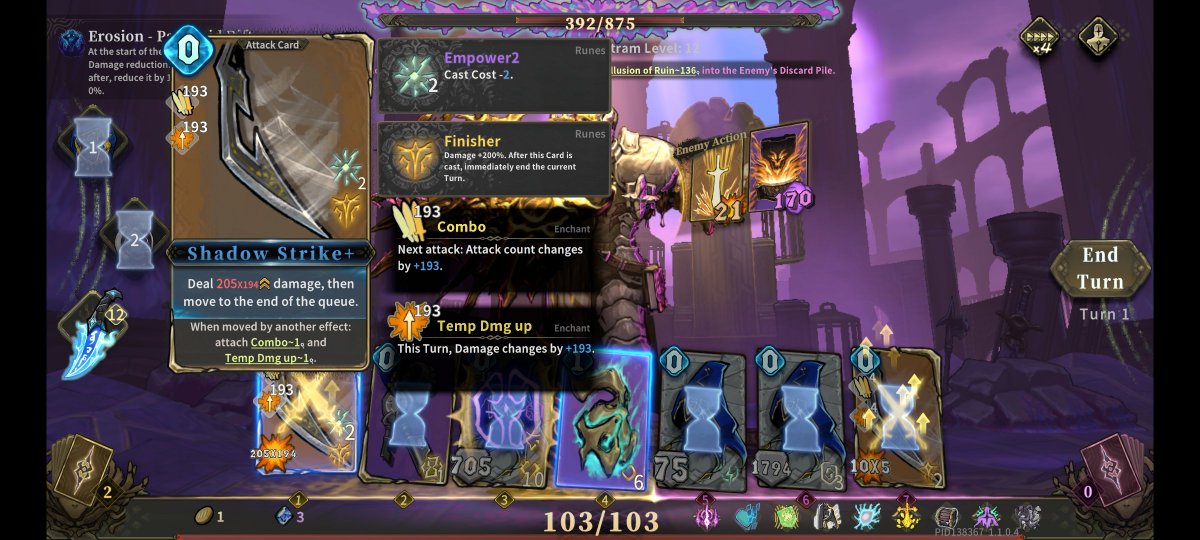 DarkyMarkE's tweet photo. How the hand started, halfway through and how it ended up. 

Even with the boss having damage reduction of 70%, no problem when you're dealig 61 damage for nearly 200 ticks.

And all this in the first turn. Shadow Dancer kit is very fun.

#AbyssalSoul https://t.co/fHuOflr84D